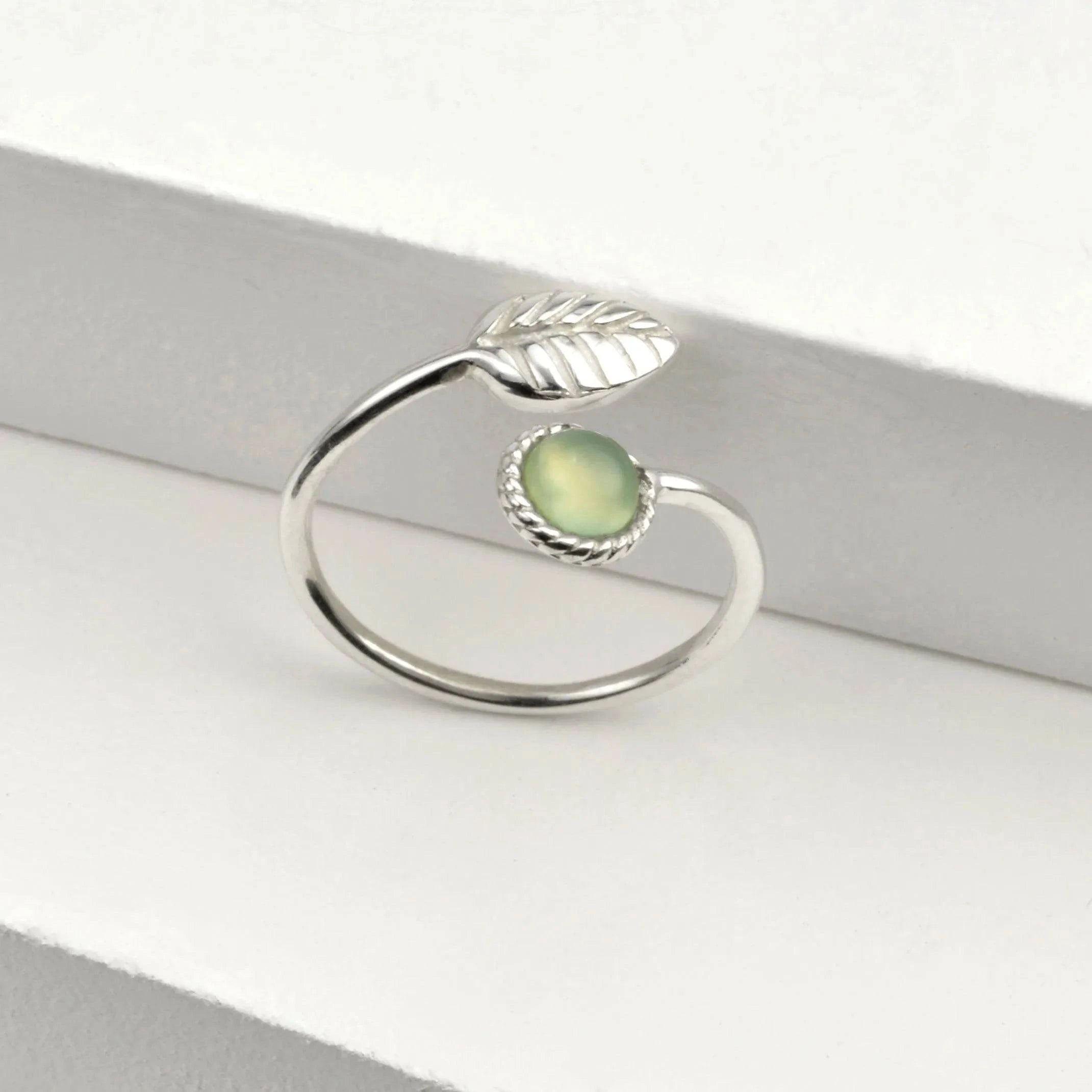 Adjustable Aqua Calci and Tiny Leaf Ring in Sterling Silver