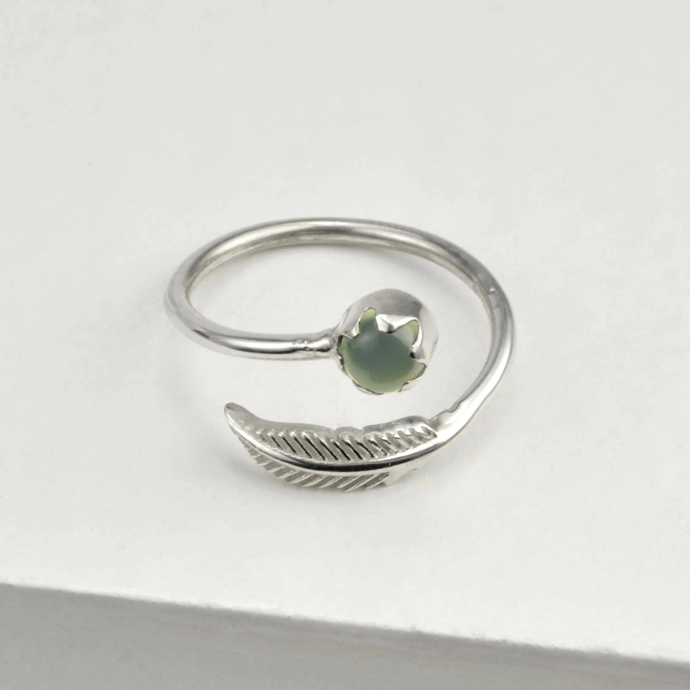 Adjustable Aqua Calci and Leaf Ring in Sterling Silver