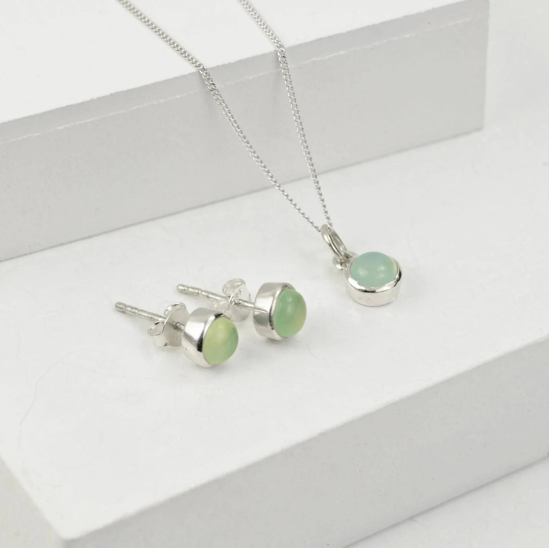 March Birthstone Jewellery Set with Aqua Chalcedony Studs and Pendant Necklace
