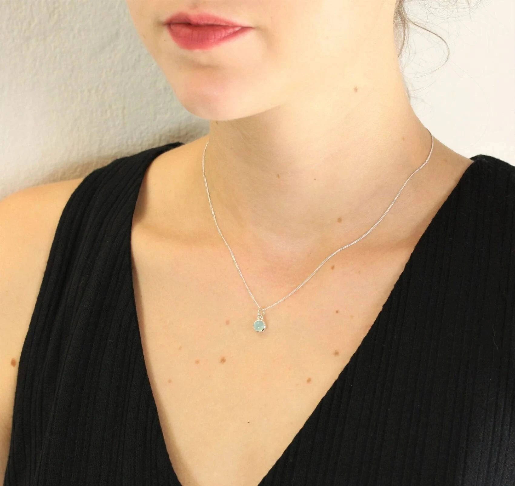 March Birthstone Necklace -Aqua Chalcedony Gemstone in Sterling Silver