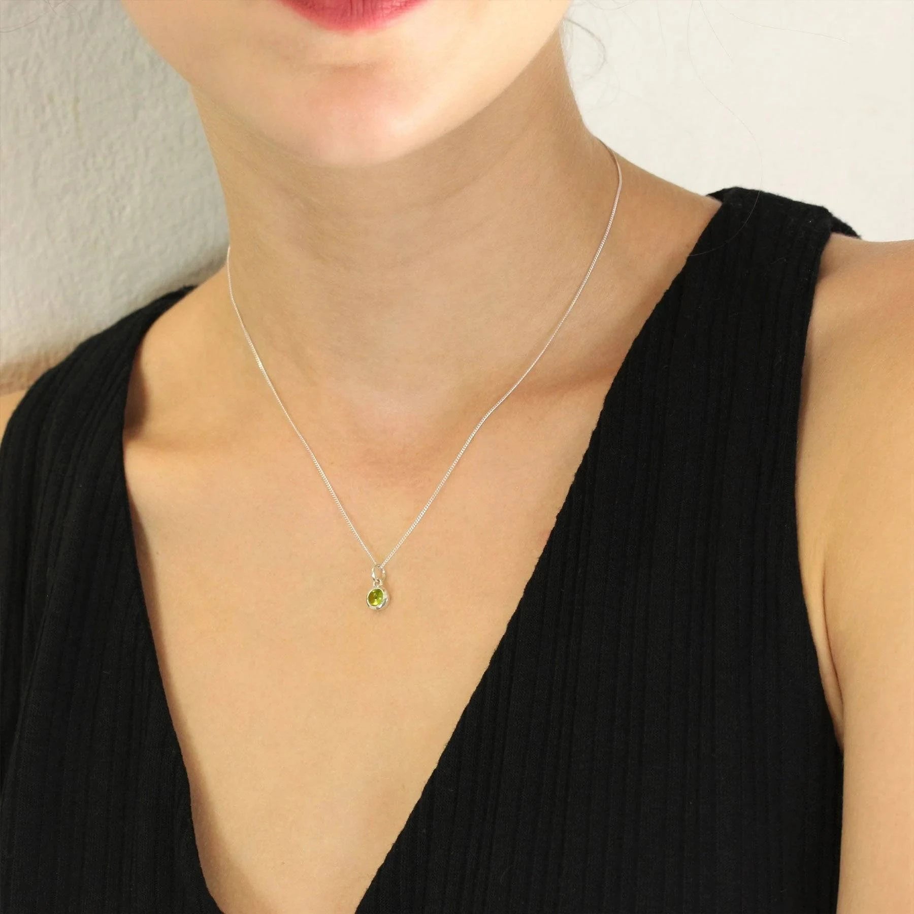 August Birthstone Necklace - Peridot Gemstone Charm in Sterling Silver