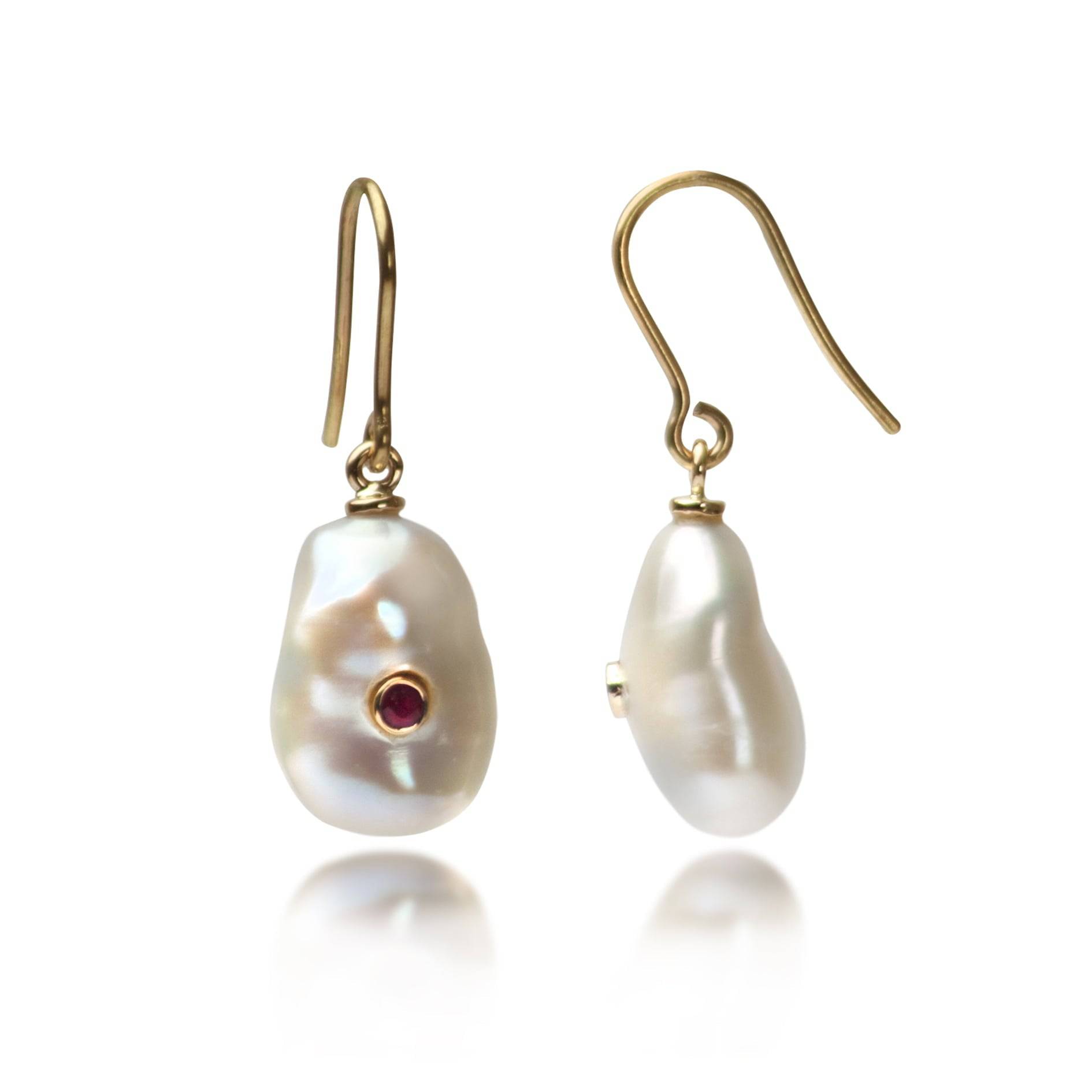 Keshi Pearl Earrings with Ruby in Solid Gold