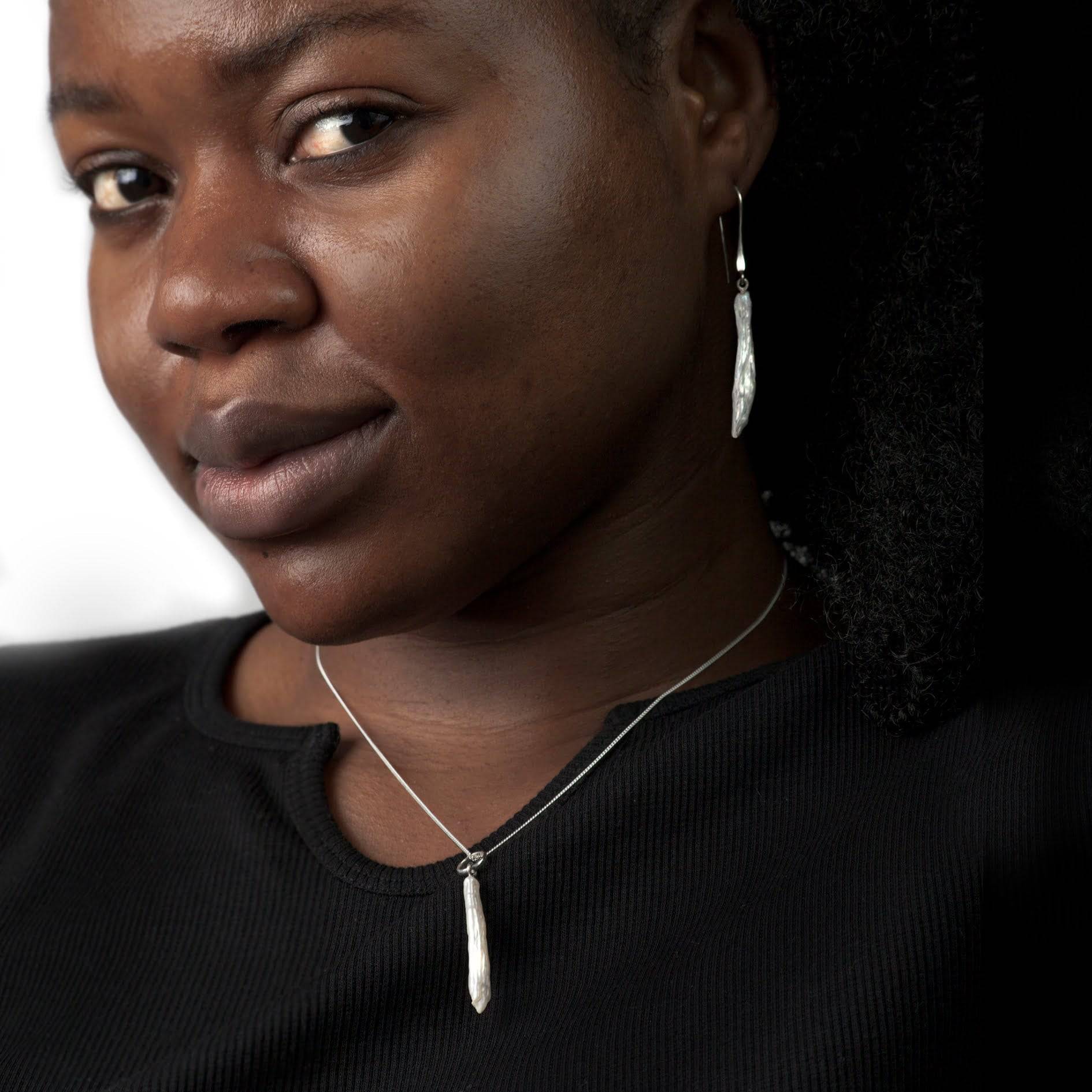 Thin Biwa Pearl Jewellery Set in Sterling Silver on model