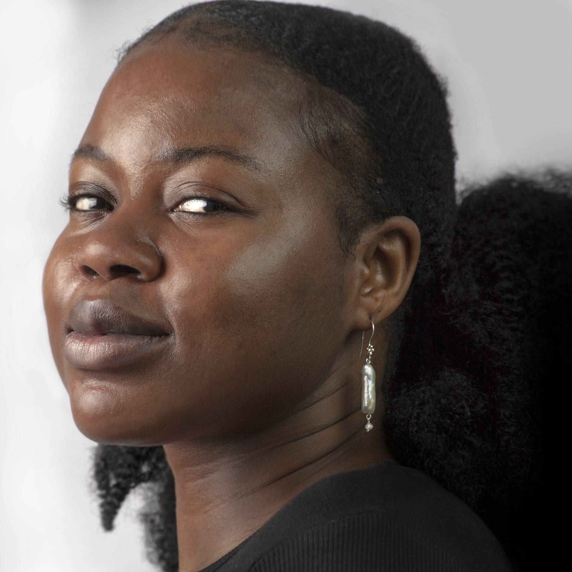 Biwa Pearl Earrings with Moonstone in Sterling Silver on model