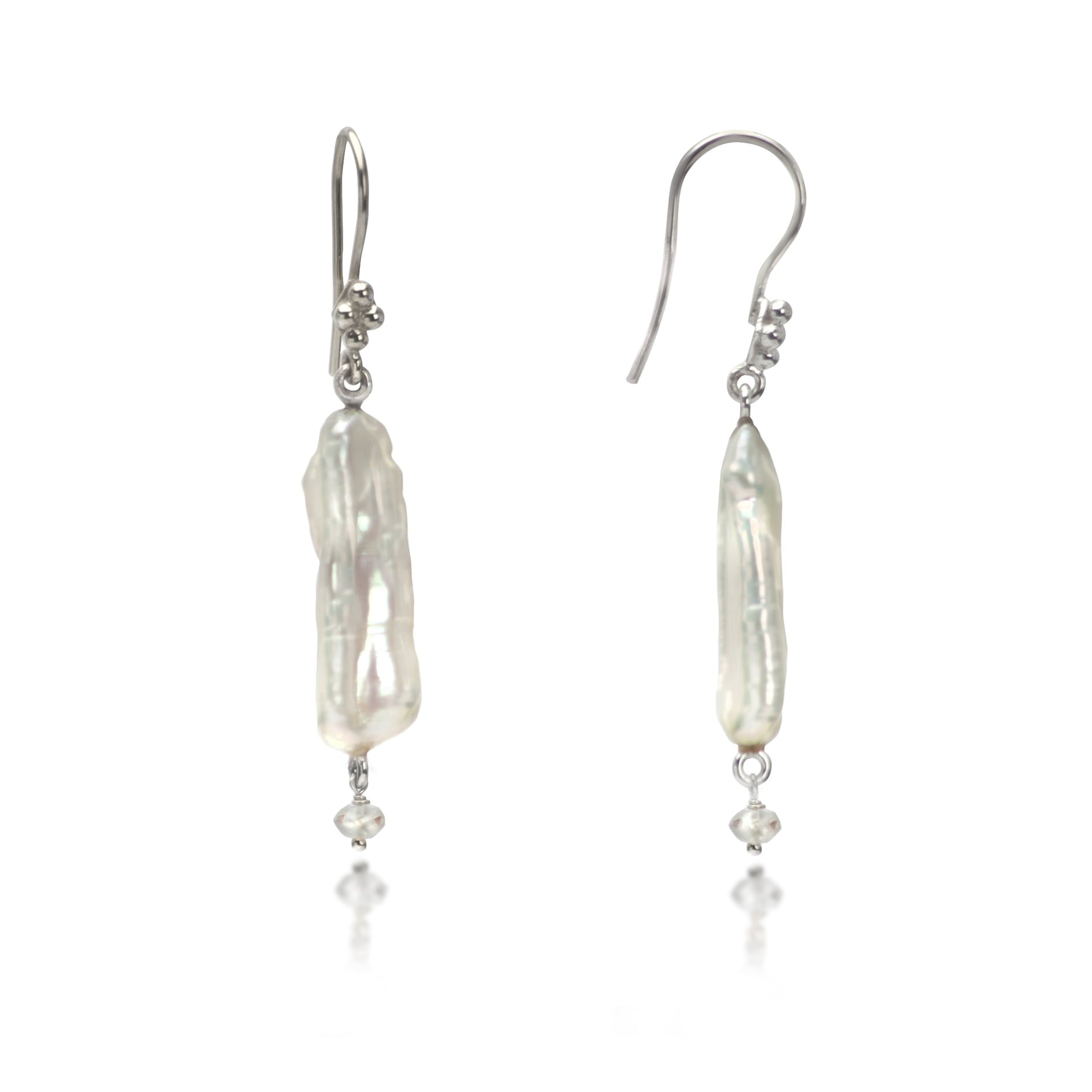 Biwa Pearl Earrings with Moonstone in Sterling Silver