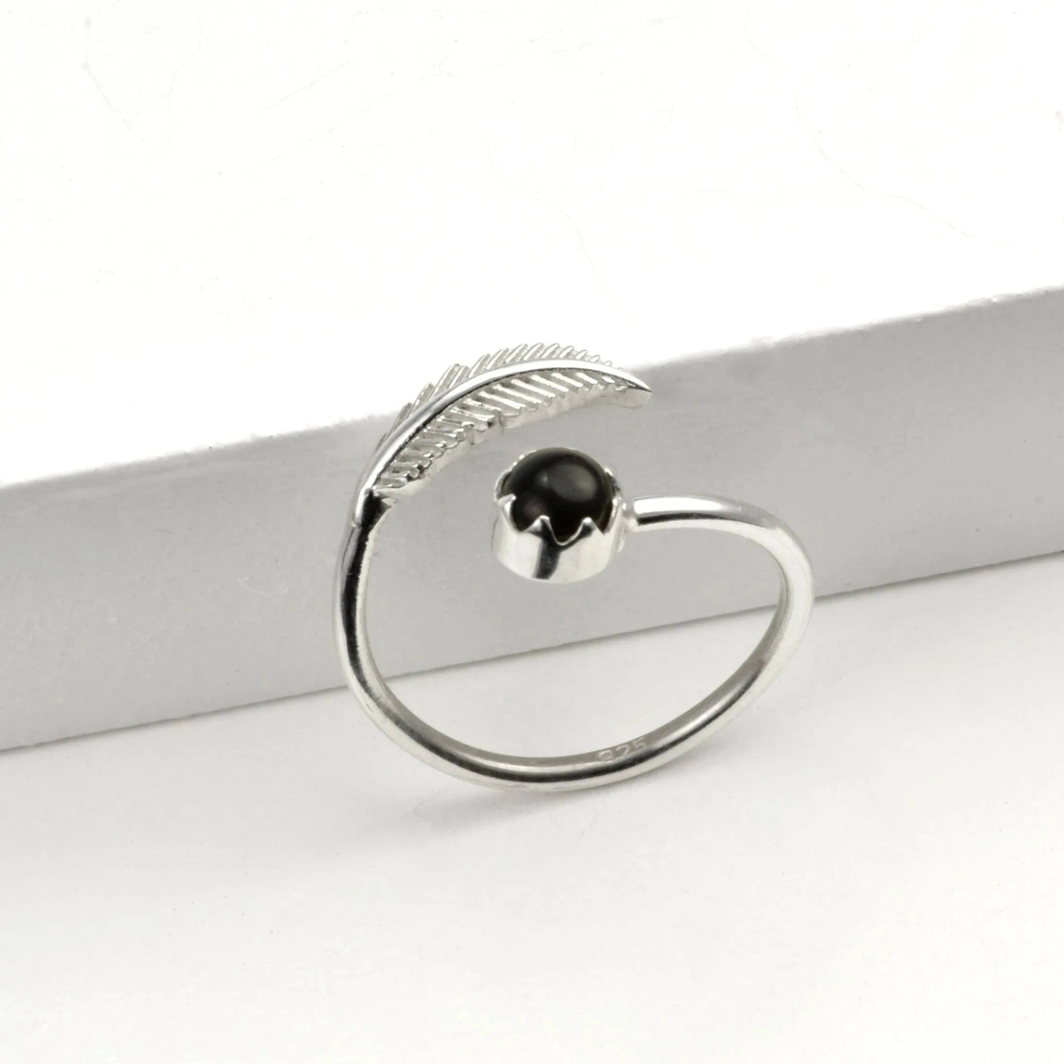 Adjustable Black Onyx and Leaf Ring in Sterling Silver