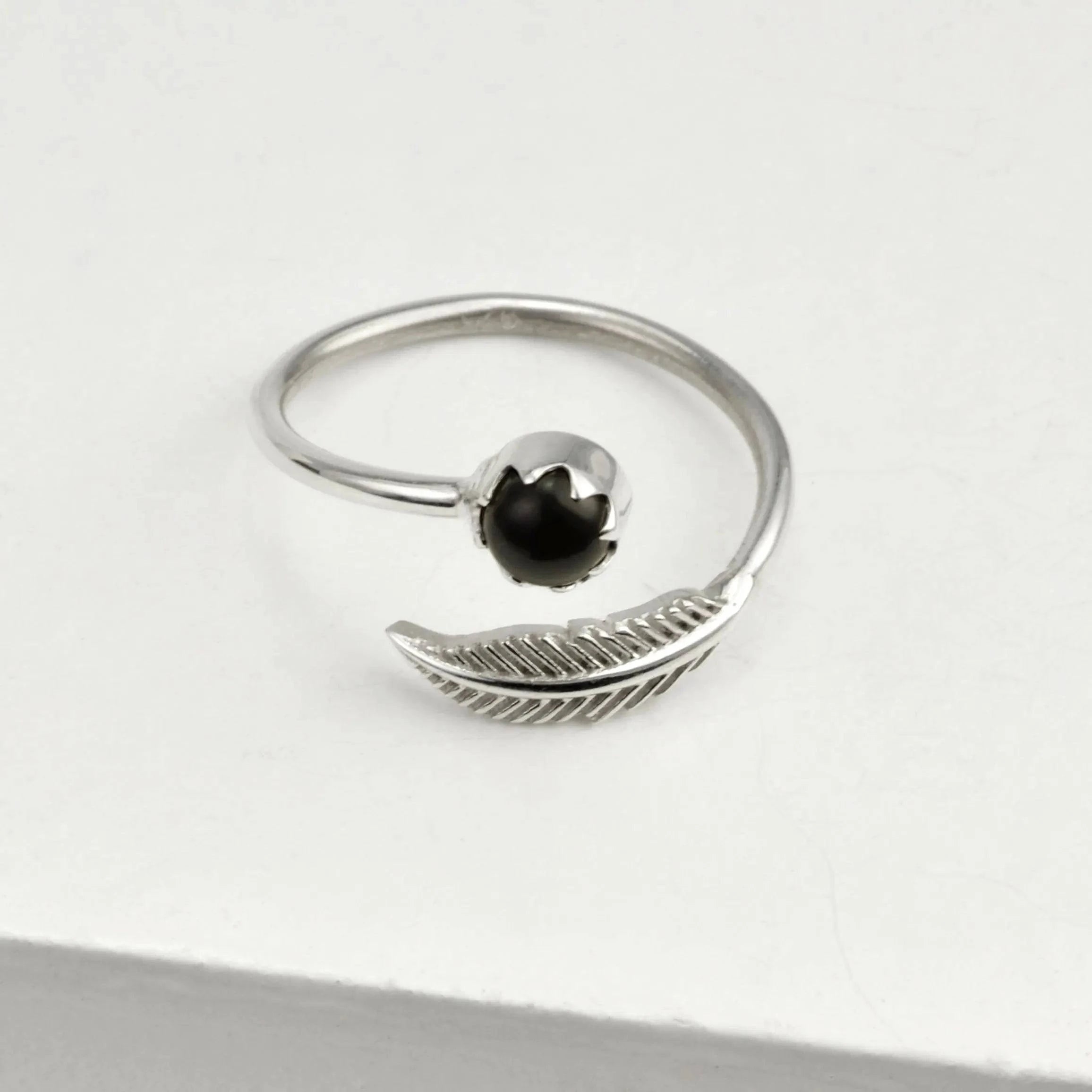 Adjustable Black Onyx and Leaf Ring in Sterling Silver