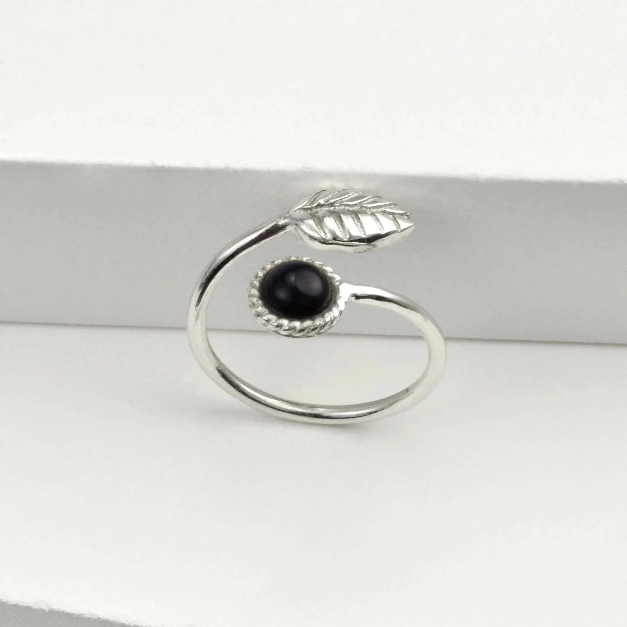 Adjustable Black Onyx and Tiny Leaf Ring in Sterling Silver