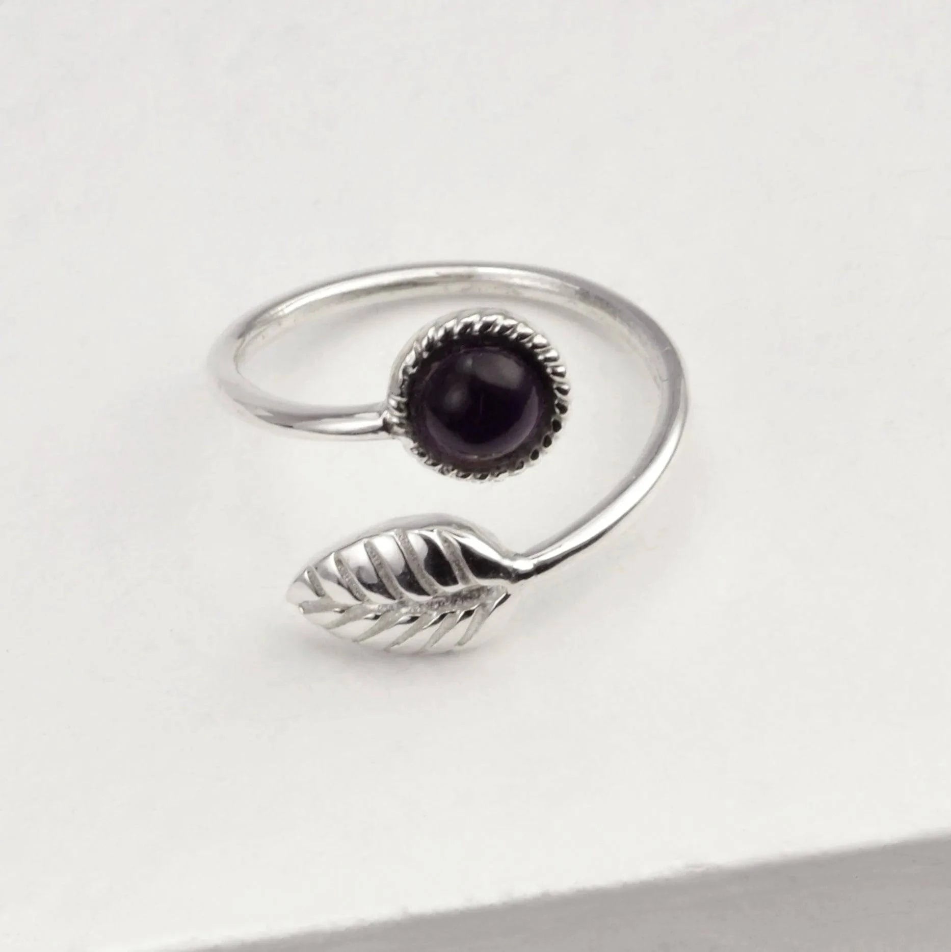 Adjustable Black Onyx and Tiny Leaf Ring in Sterling Silver