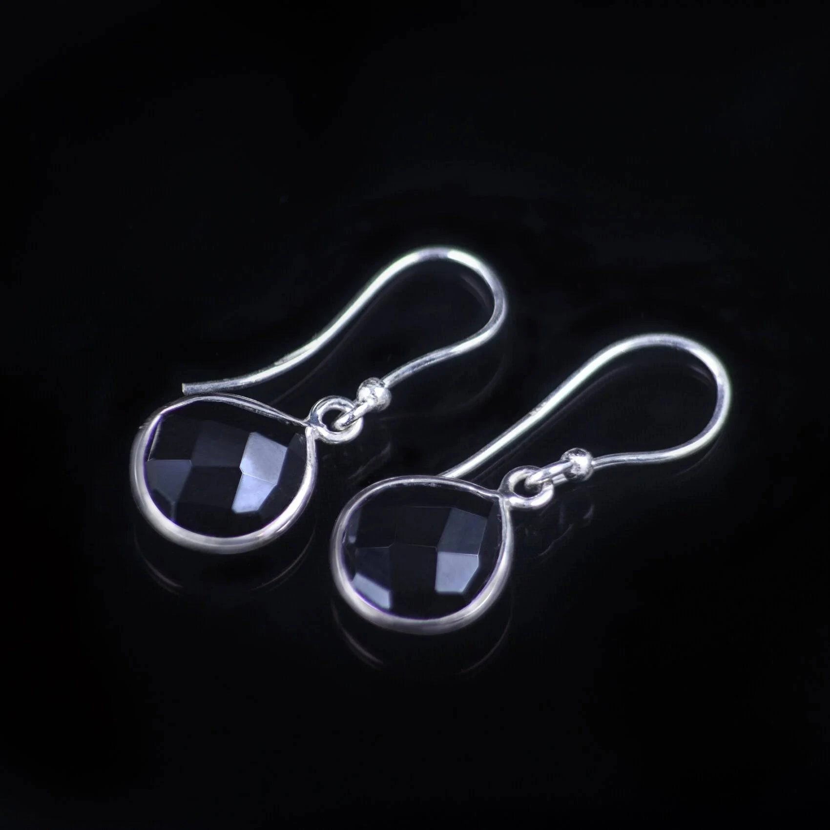 Teardrop Earrings with Genuine Black Onyx Gemstones in Sterling Silver