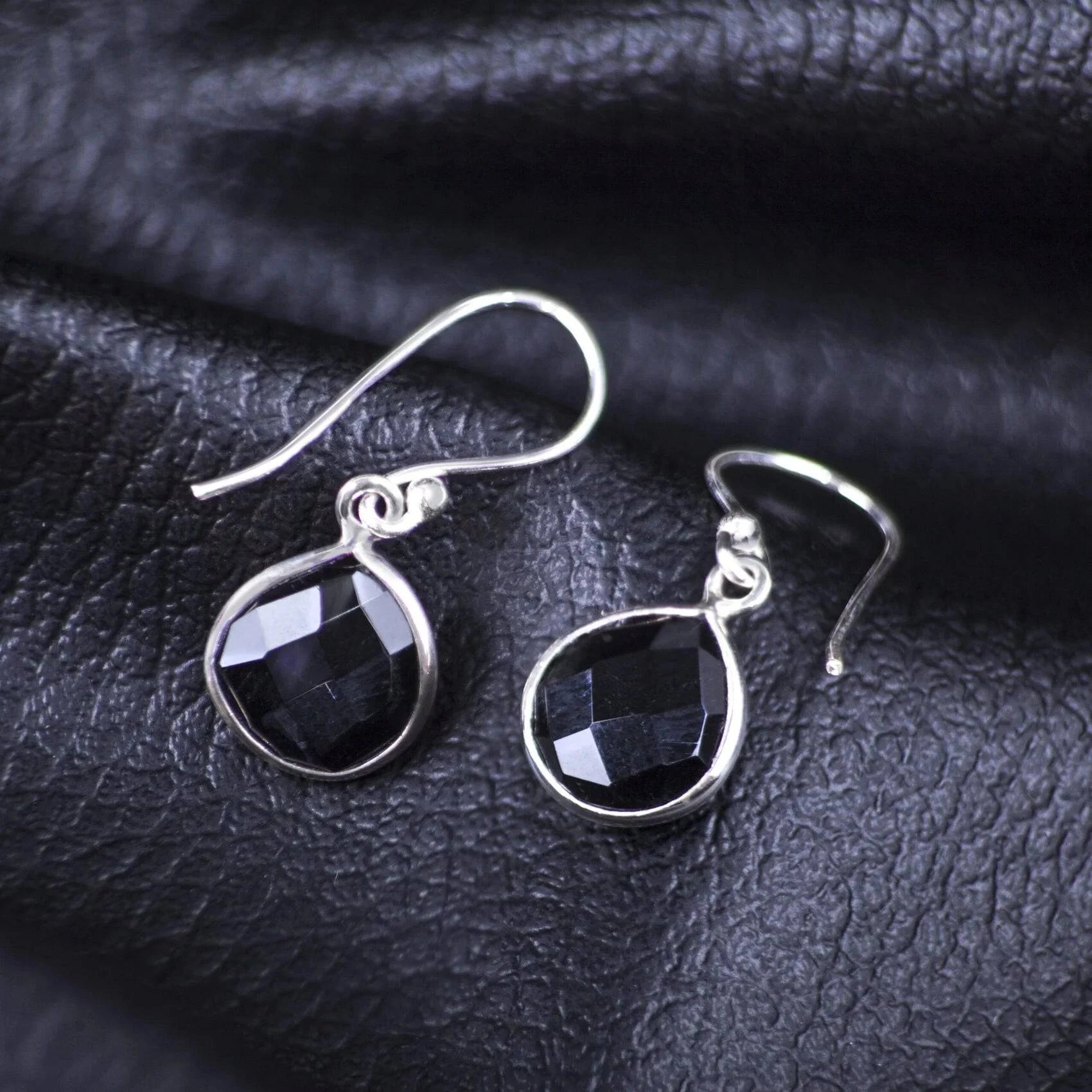 Teardrop Earrings with Genuine Black Onyx Gemstones in Sterling Silver