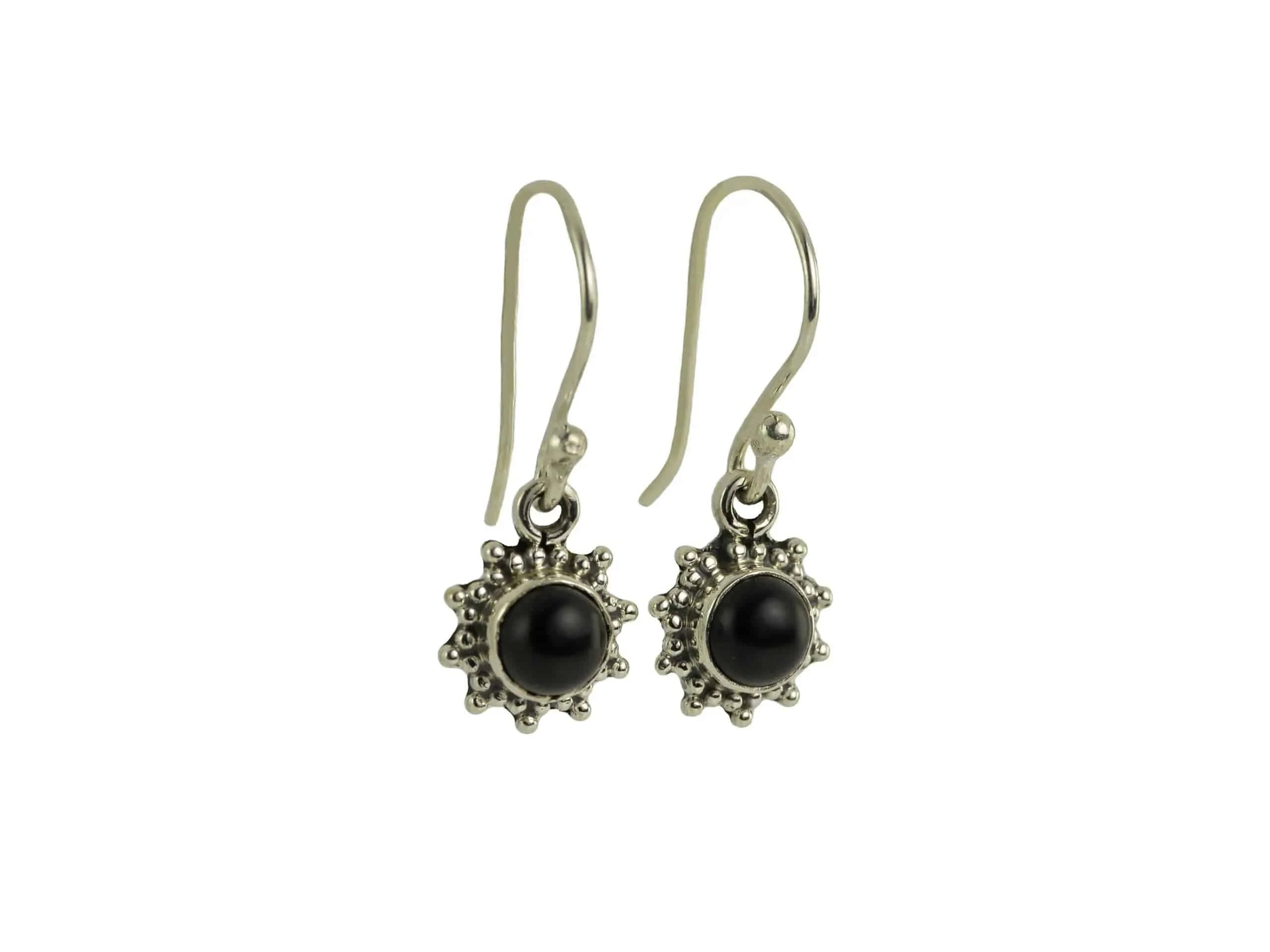 Star Motif Hook Dangle Earrings with Black Onyx in Sterling Silver