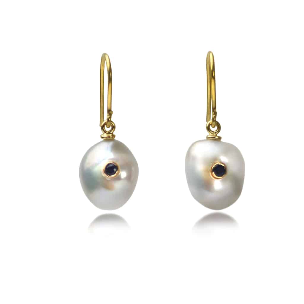 Keshi Pearl Earrings with Blue Sapphire in Solid Gold