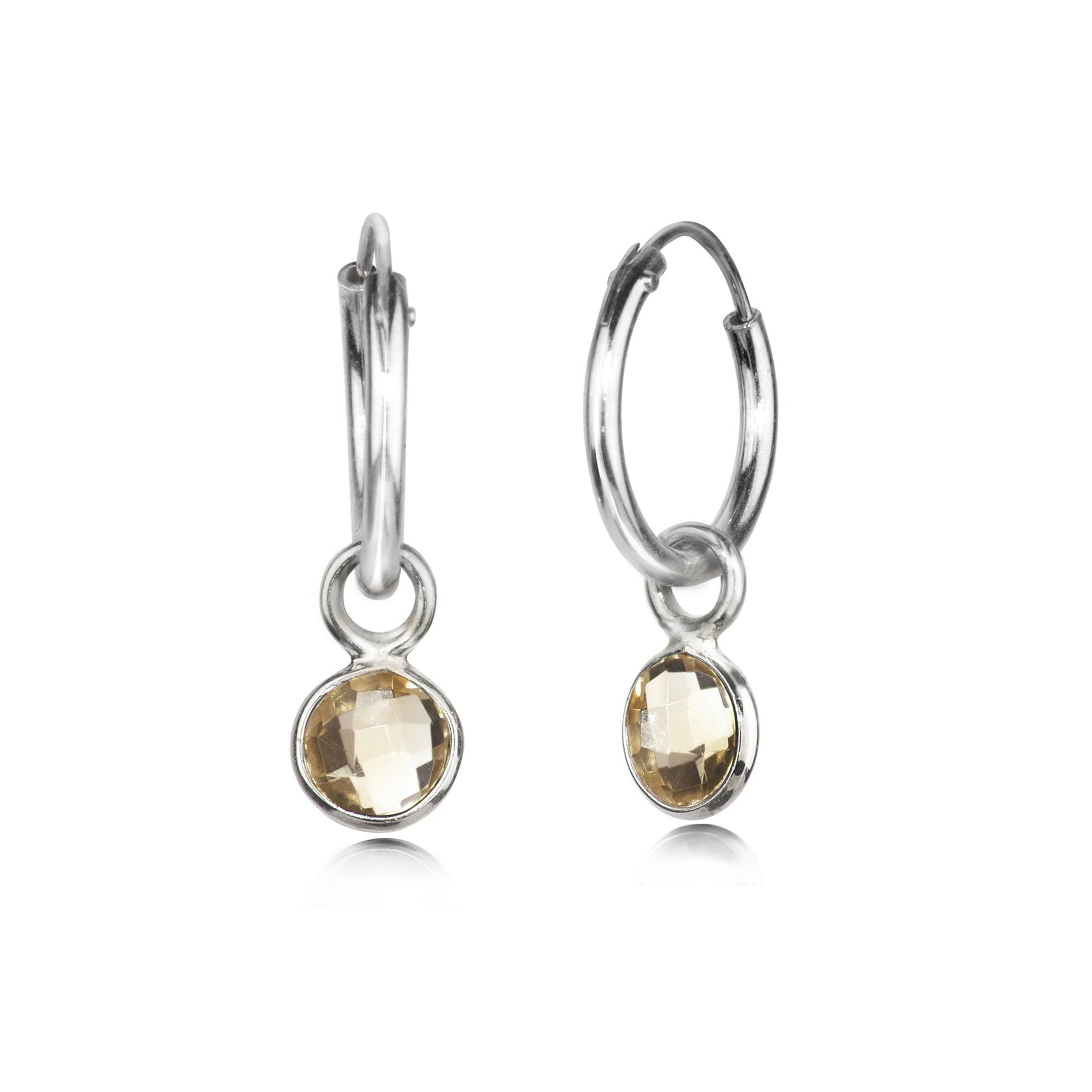 November Birthstone Hoop Earrings with Citrine Charm in Sterling Silver