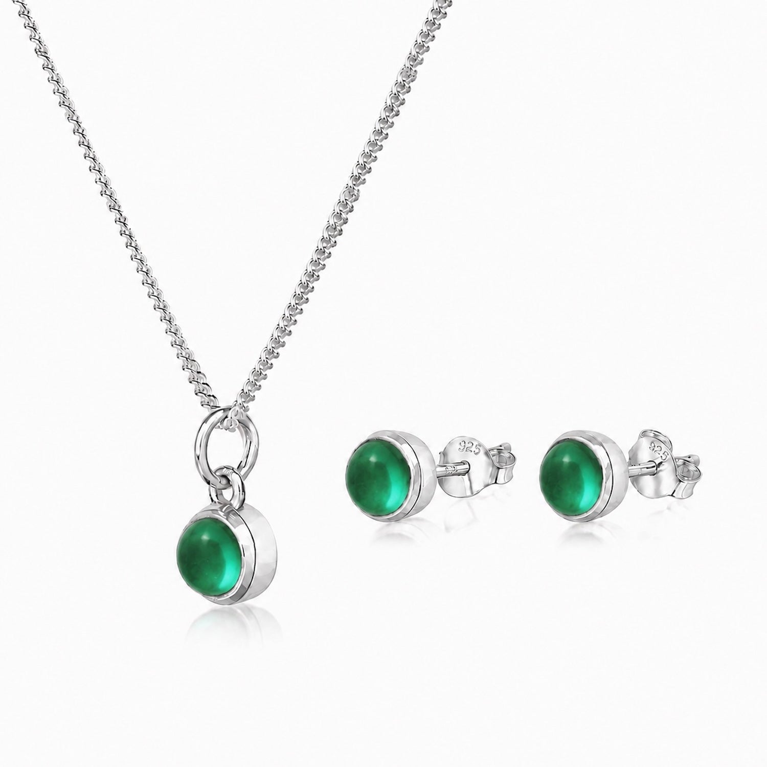 May Birthstone Jewellery Set in Emerald Gemstone - Studs and Pendant Necklace