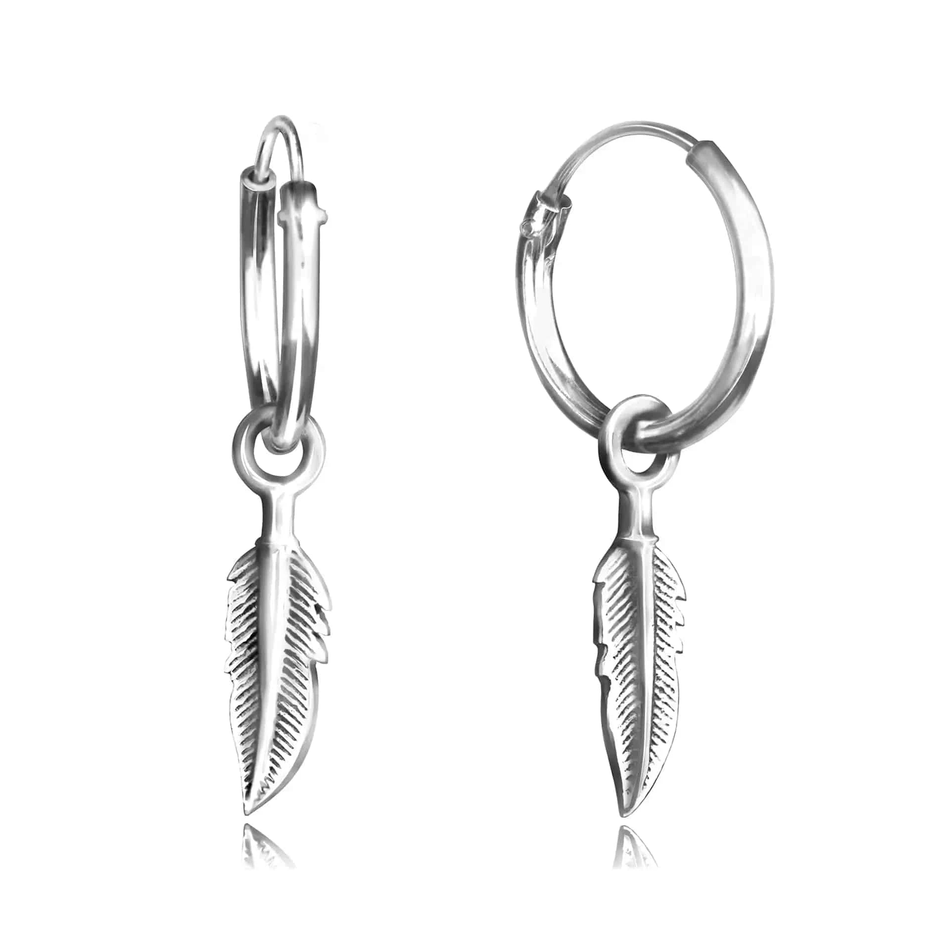 Hoop Earrings with Feather Dangling in Sterling Silver