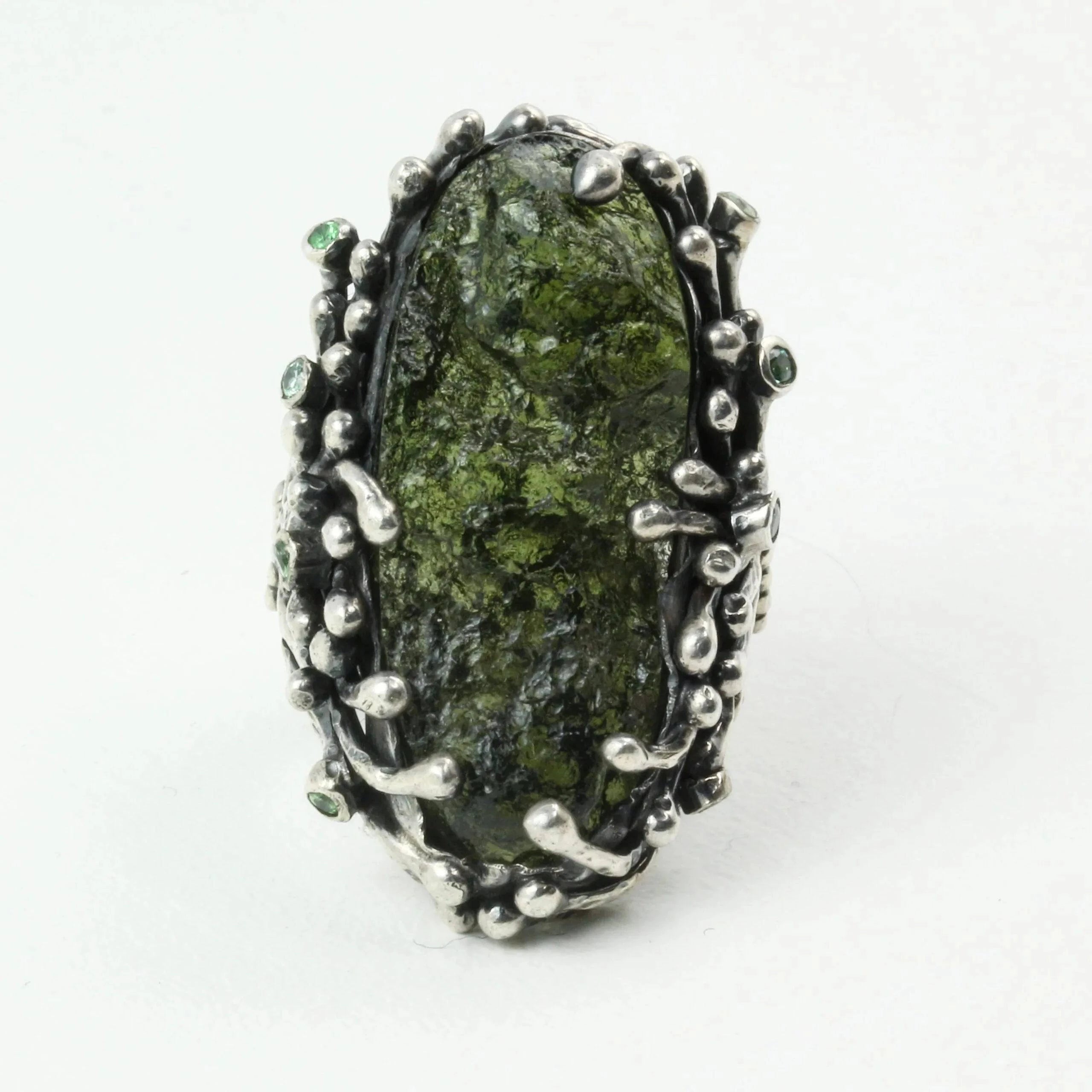 Mystic Forest Ring with Moldavite and Peridot in Sterling Silver