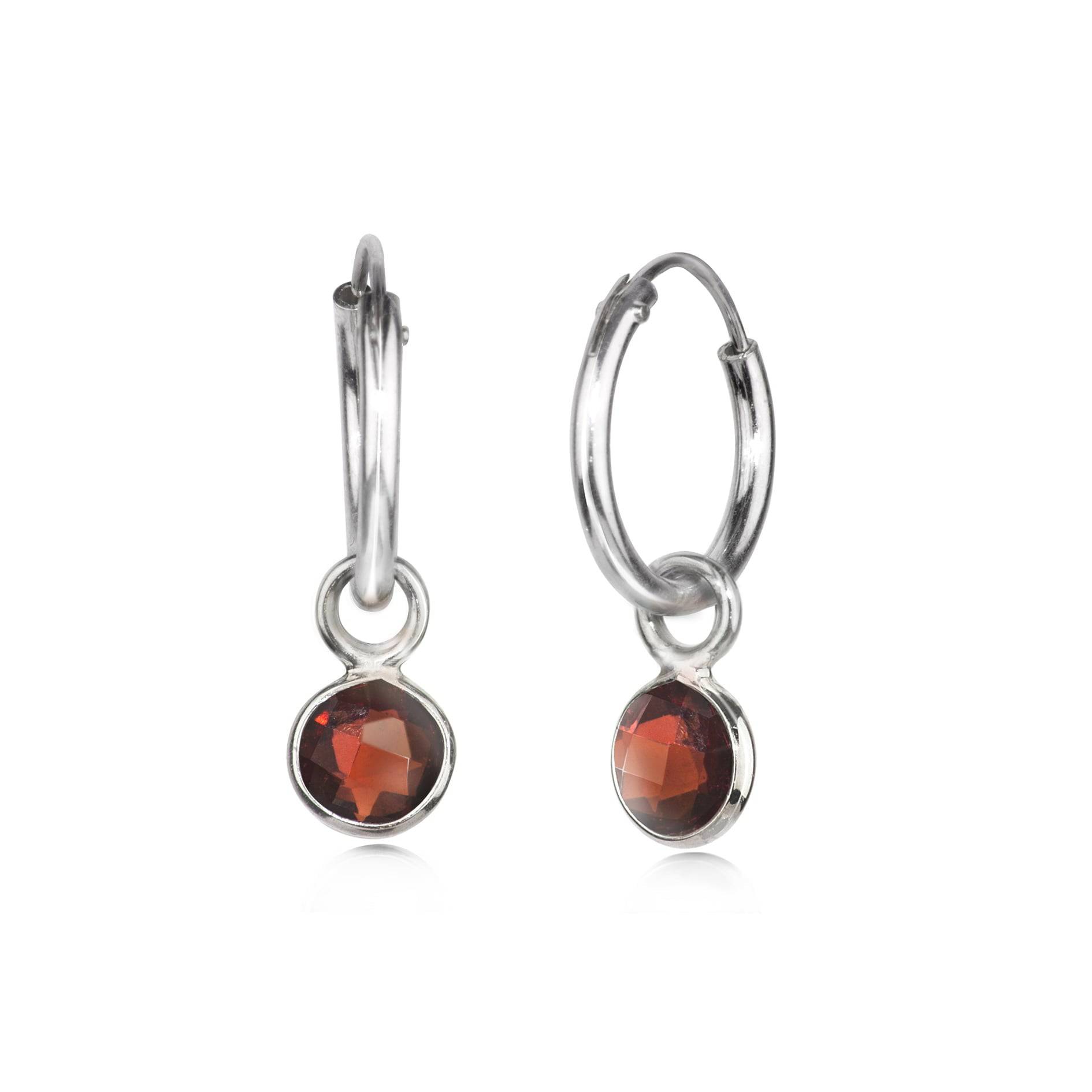 January Birthstone Hoop Earrings with Garnet Charm in Sterling Silver