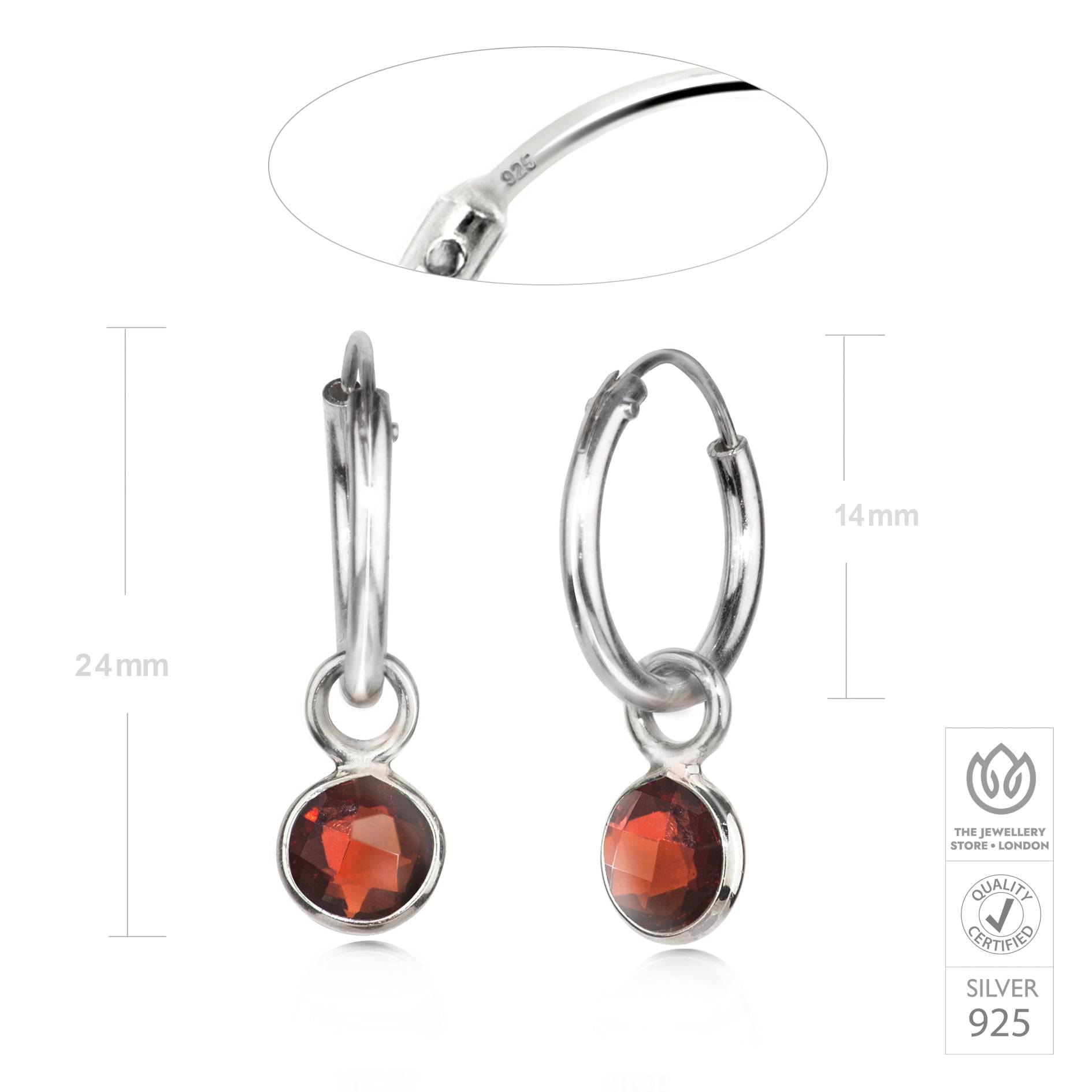 January Birthstone Hoop Earrings with Garnet Charm in Sterling Silver