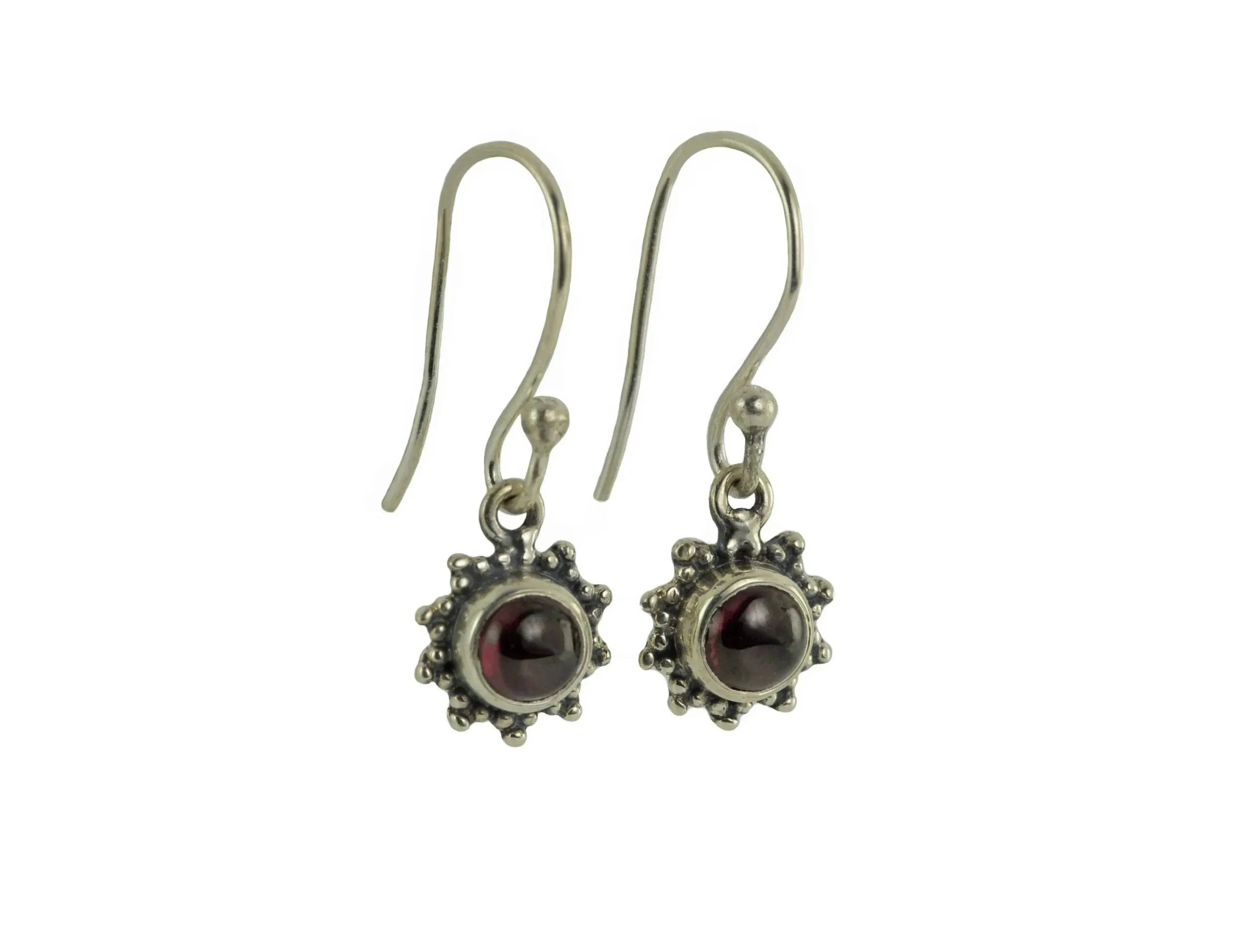 Star Motif Hook Dangle Earrings with Garnet in Sterling Silver