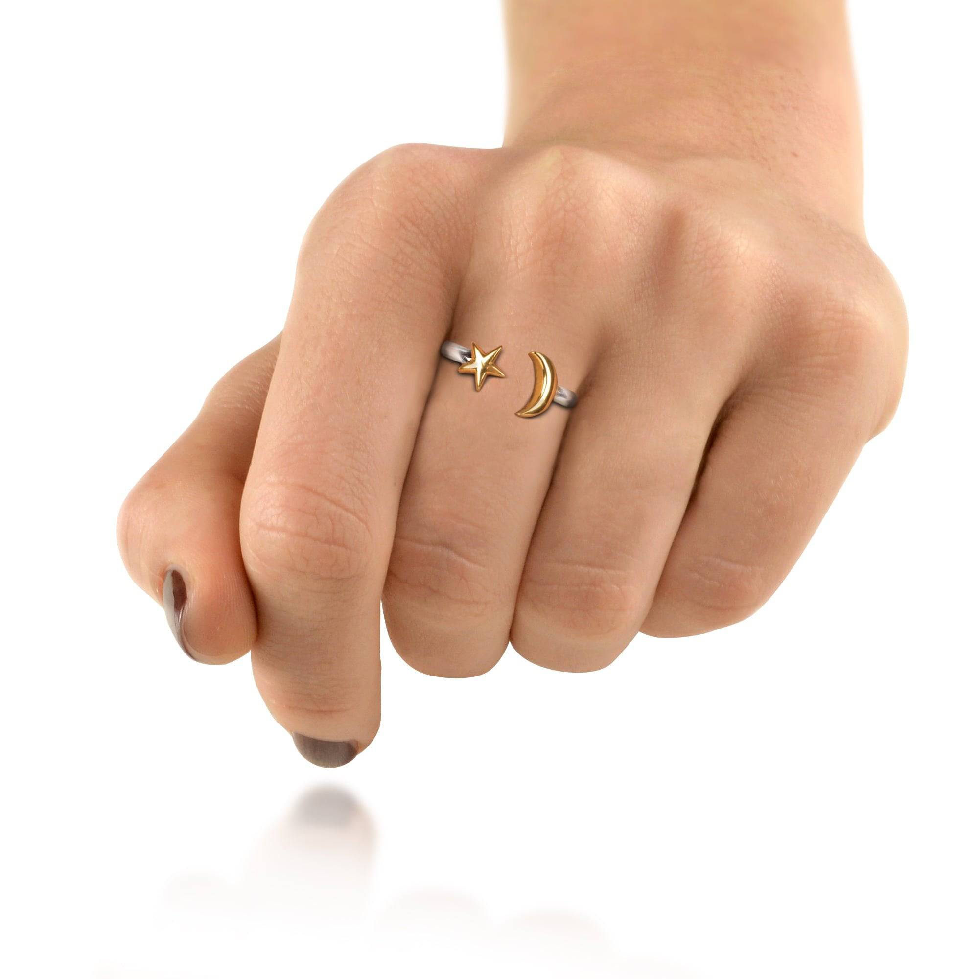 Adjustable ring with Star and Crescent Moon in Sterling Silver and Gold Vermeil