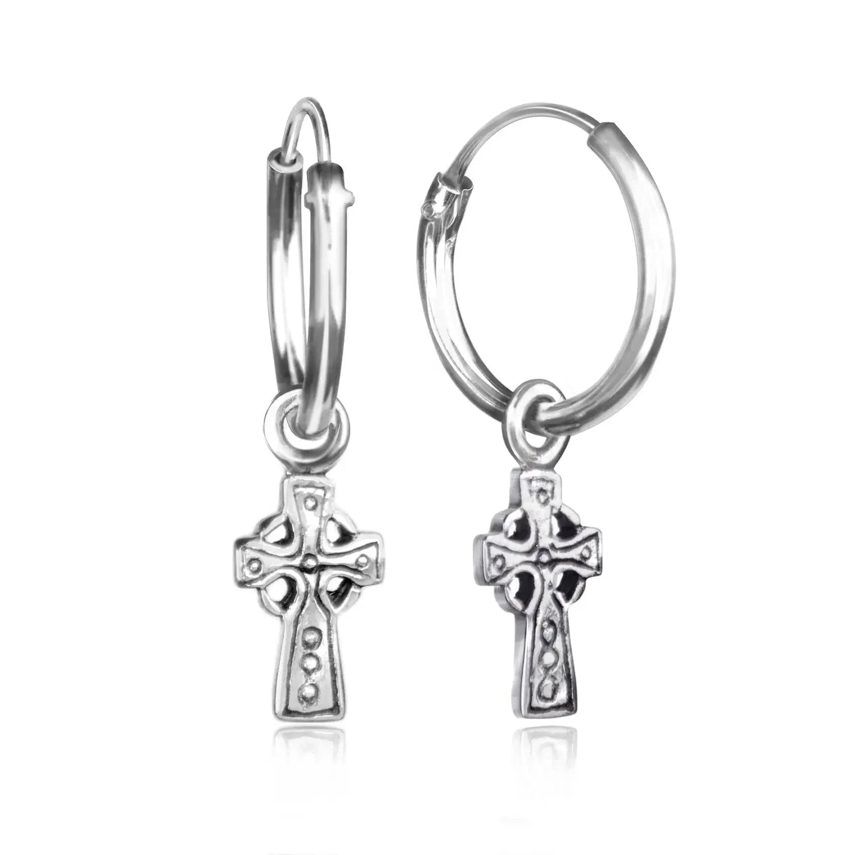 Hoop Earrings with Cross Charm in Sterling Silver