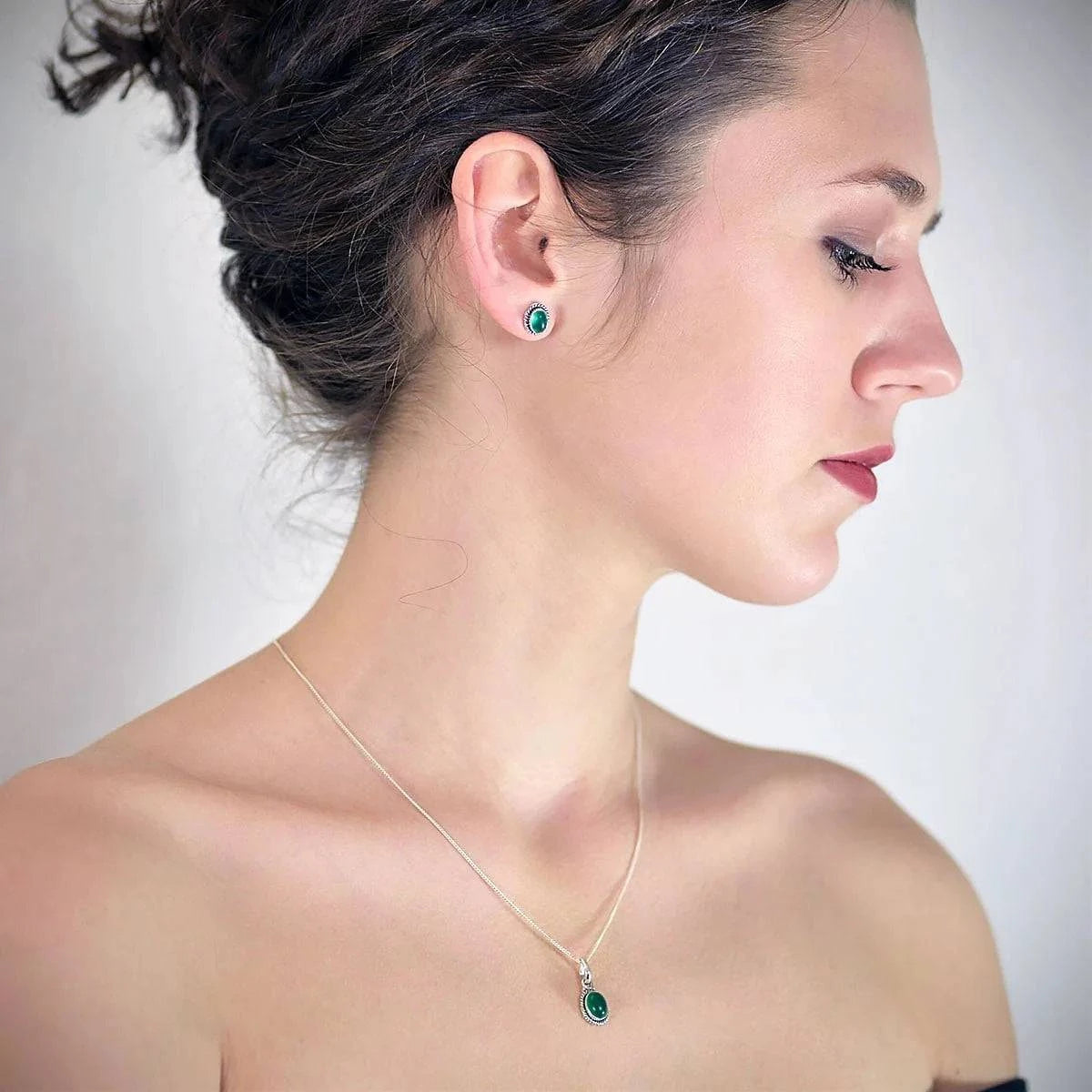 Twisted Wire Oval Green Onyx Jewellery Set in Sterling Silver