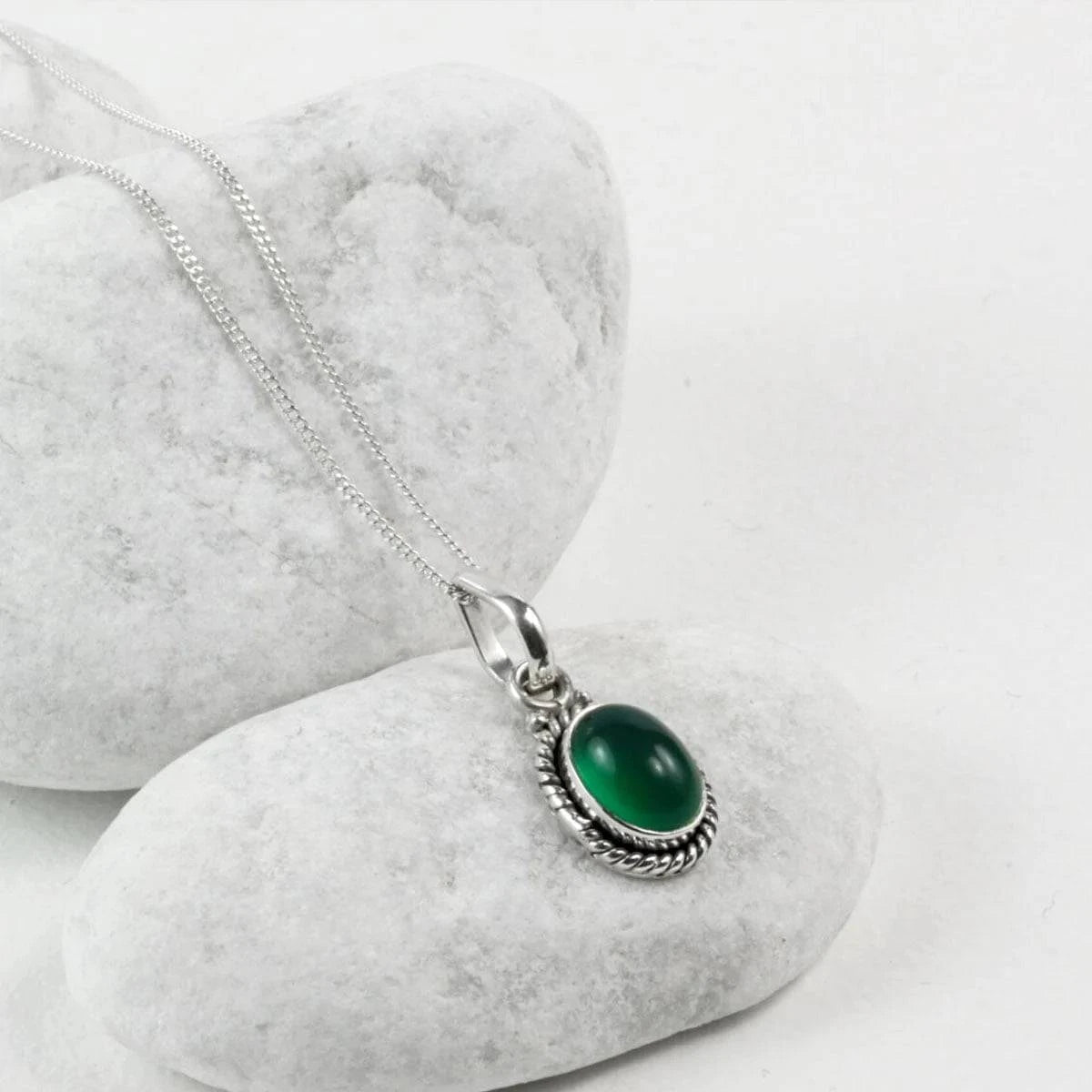 Twisted Wire Oval Green Onyx Jewellery Set in Sterling Silver