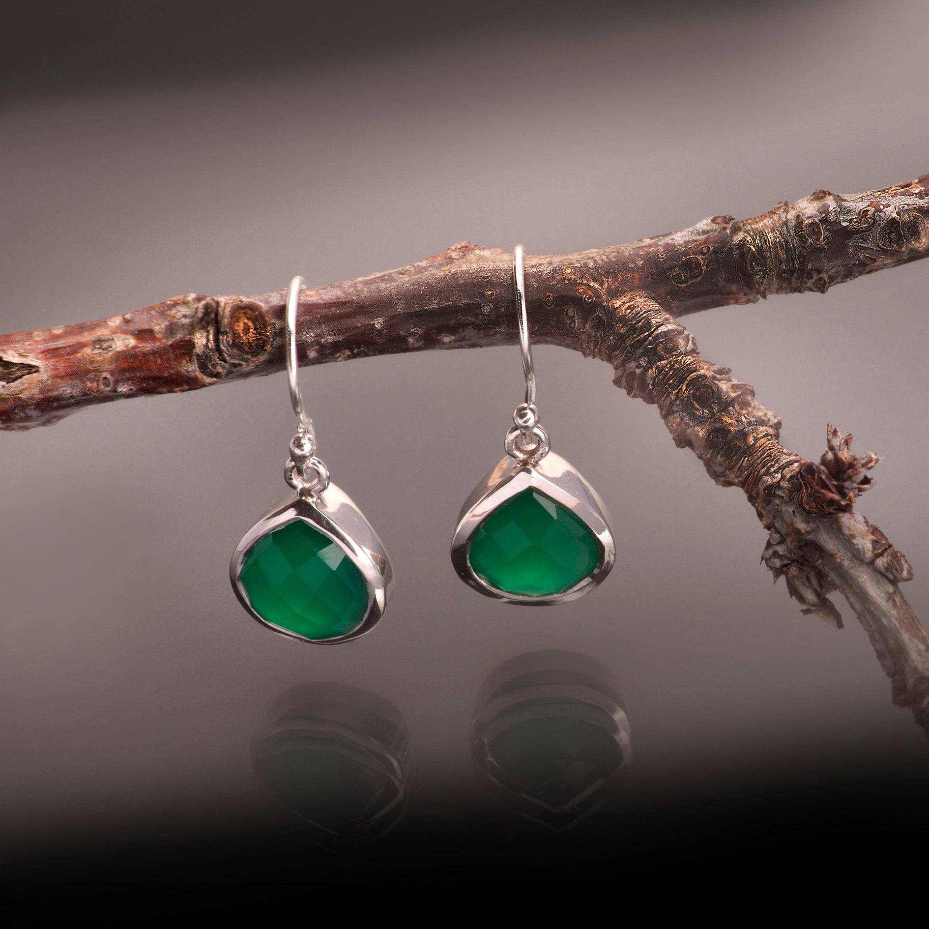 Pear-Shaped Green Onyx Earrings in Sterling Silver