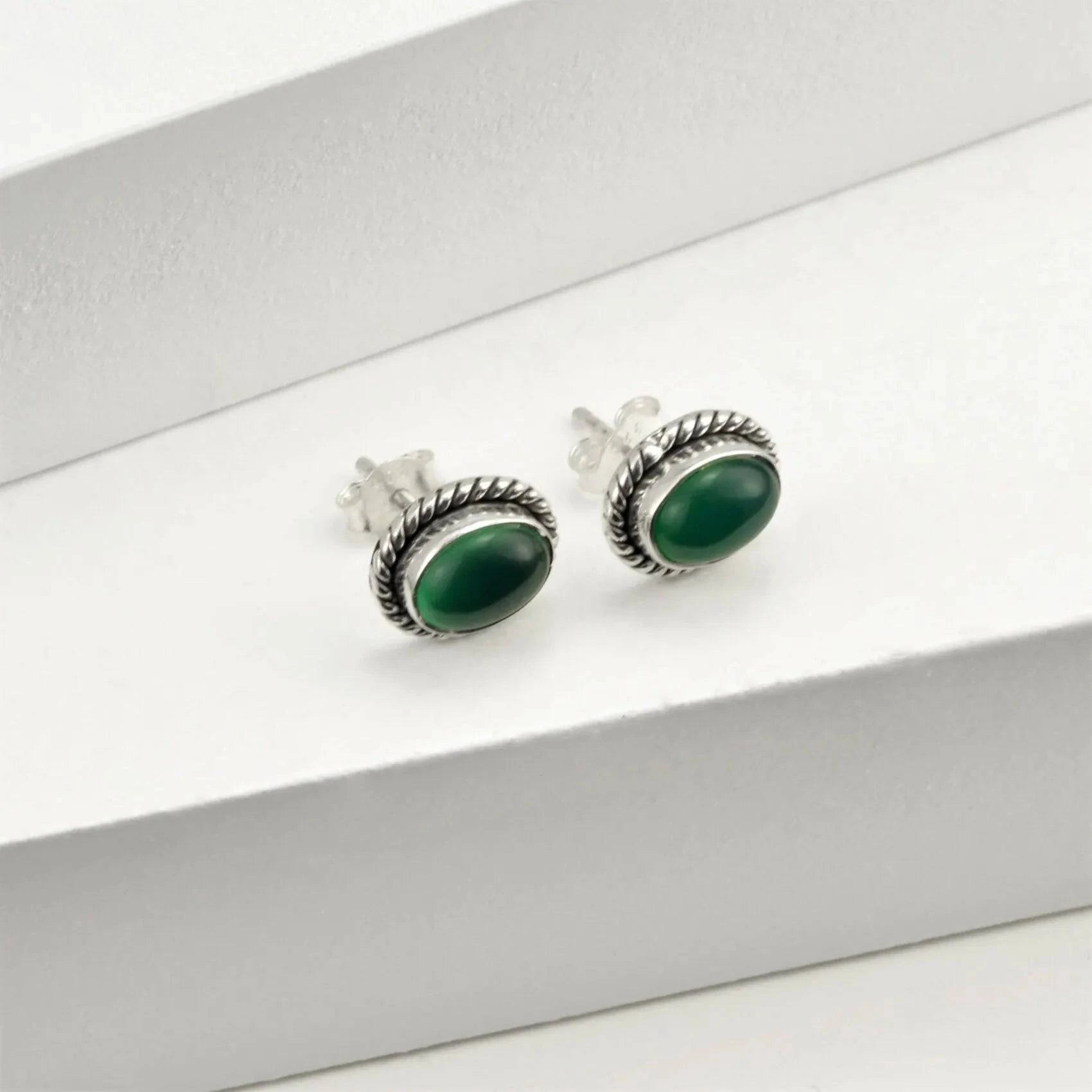 Twisted Wire Oval Green Onyx Jewellery Set in Sterling Silver