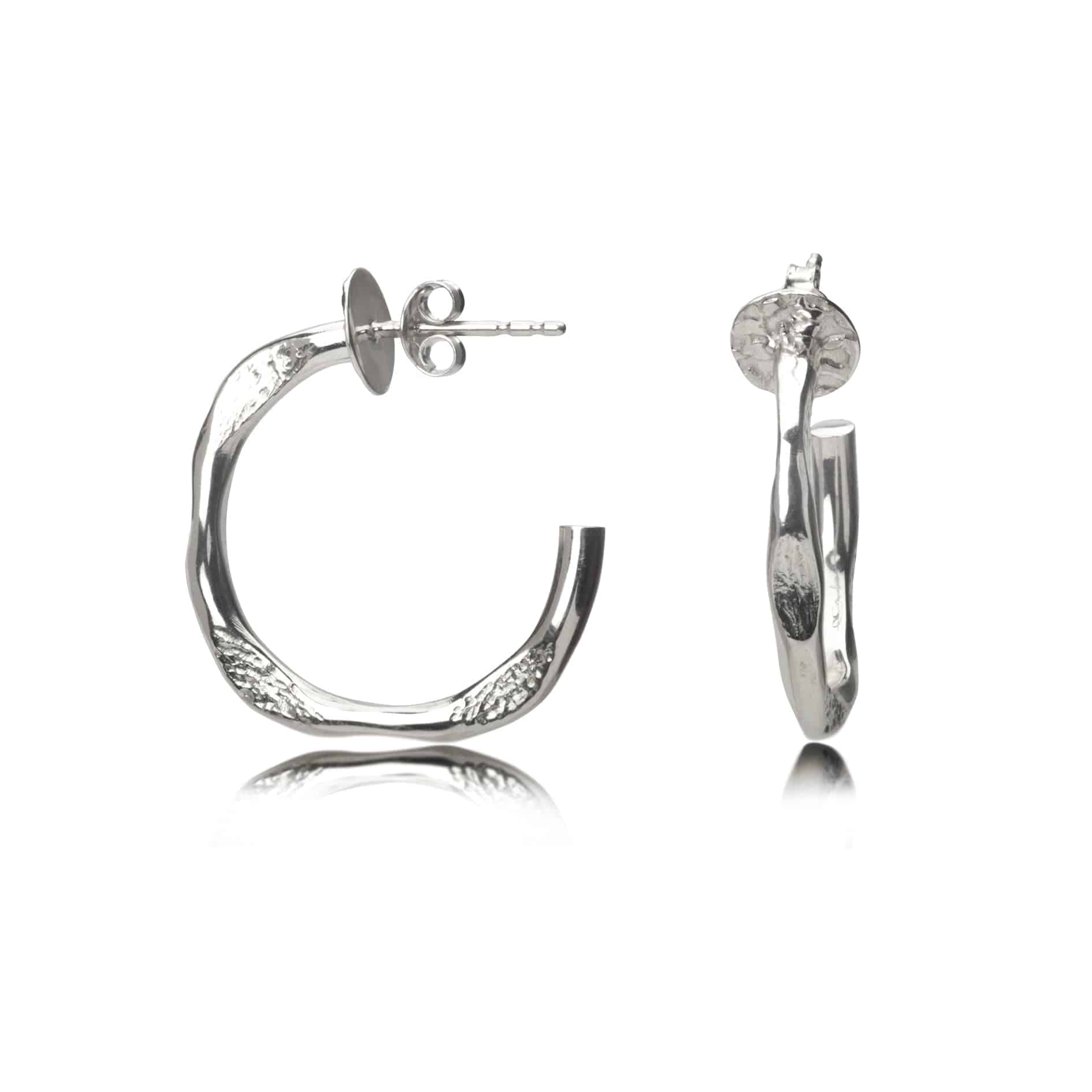 Hammered Open Hoop Stud Earrings in Sterling Silver