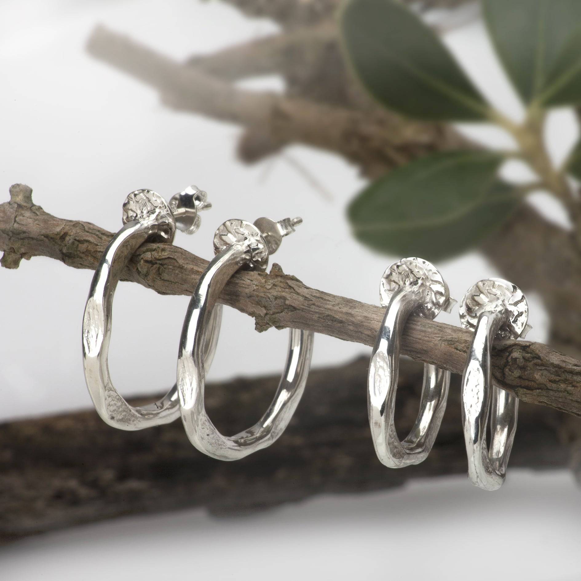 Hammered Open Hoop Stud Earrings in Sterling Silver