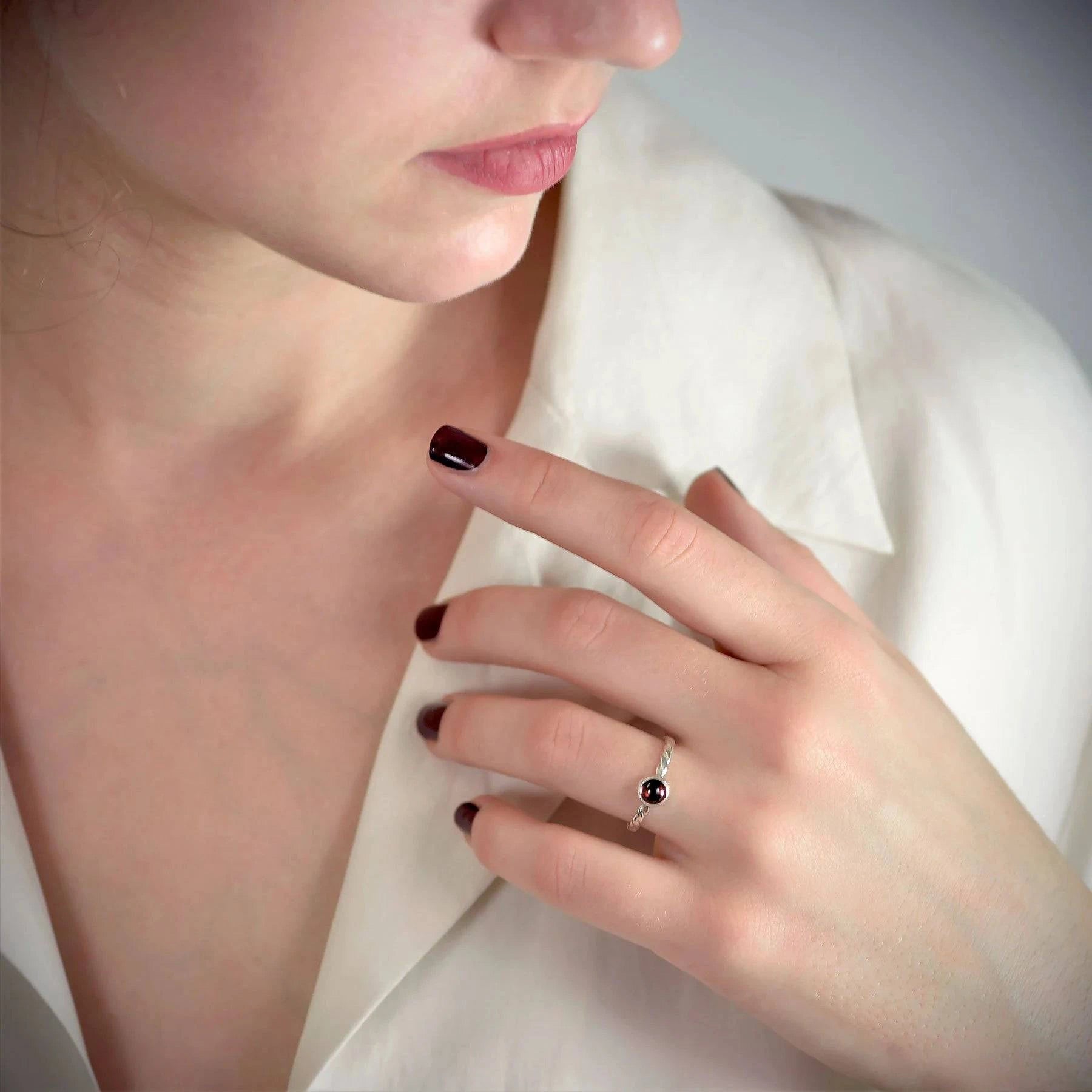 January Birthstone Ring with Garnet Gemstone in Sterling Silver