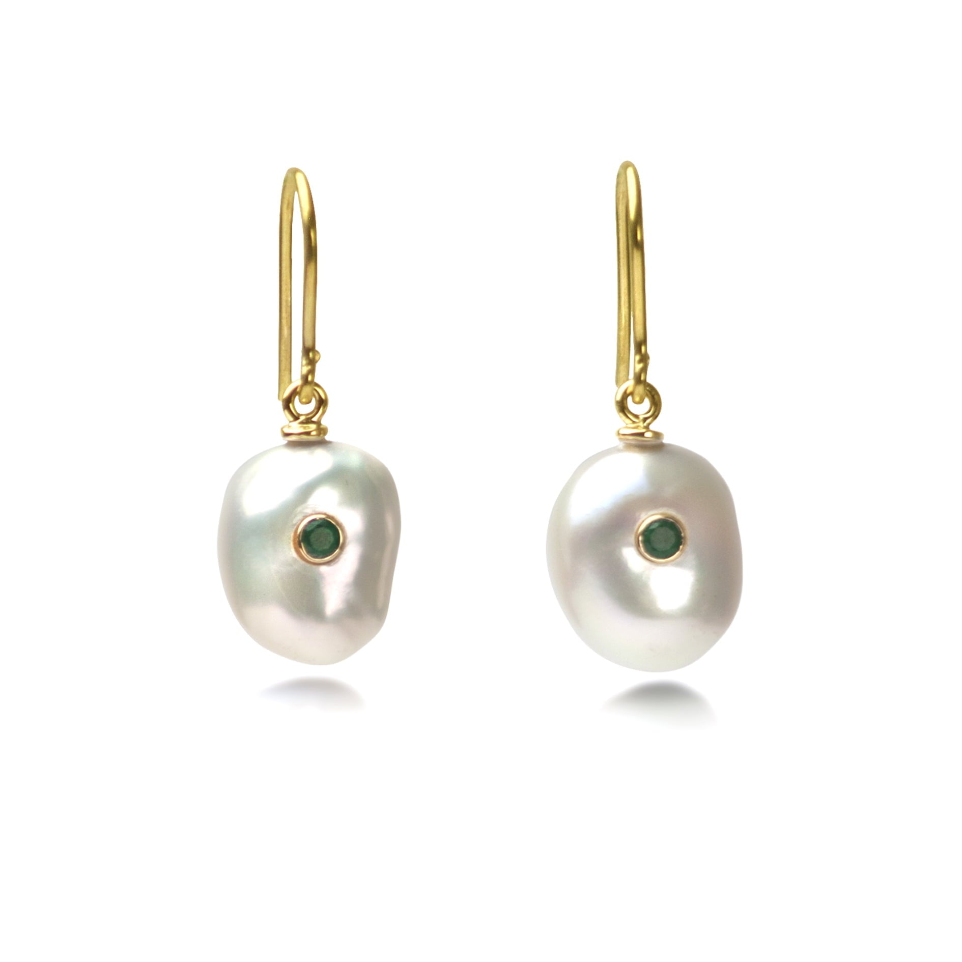Keshi Pearl Earrings with Emerald in Solid Gold