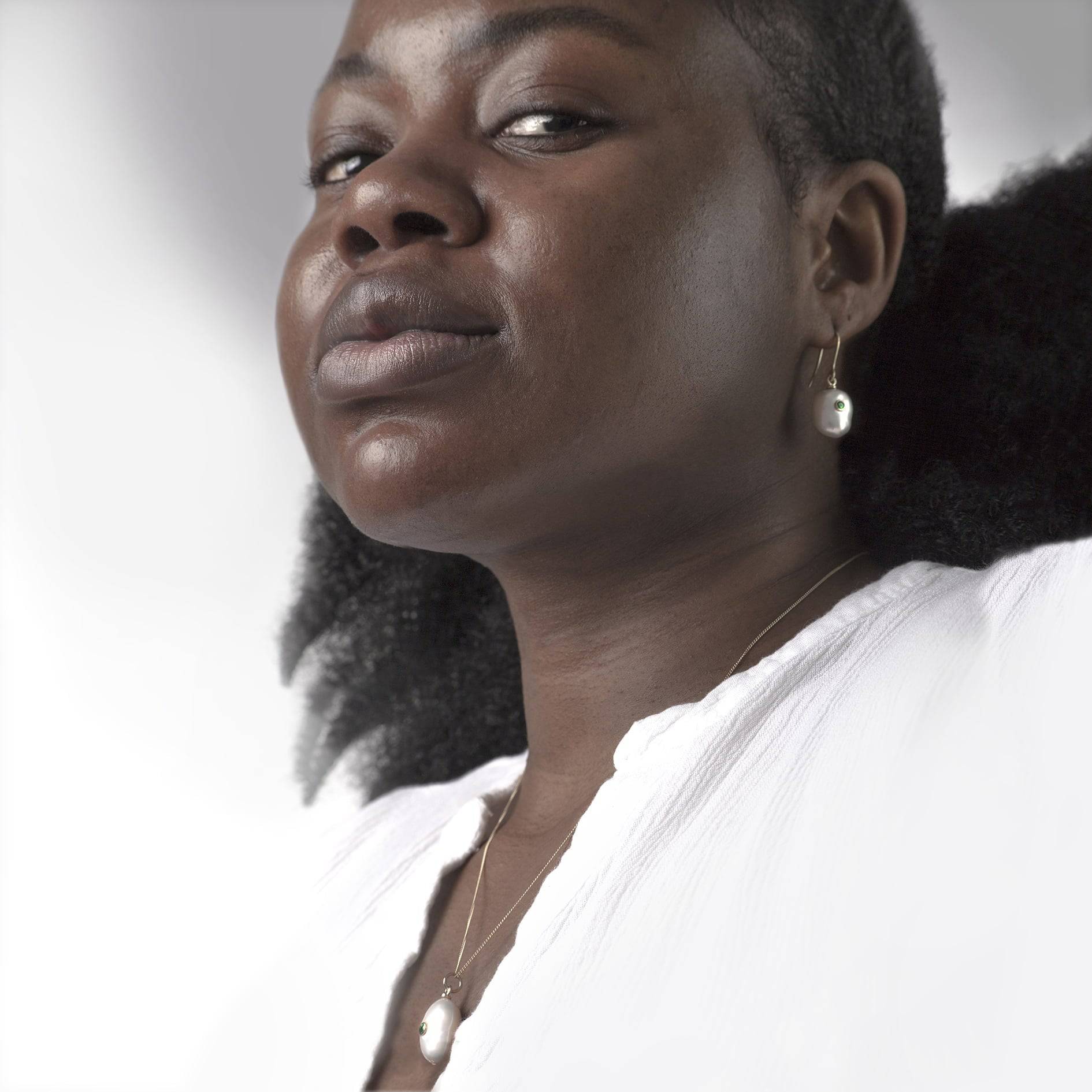 Keshi Pearl Earrings and necklace with Emerald in Solid Gold