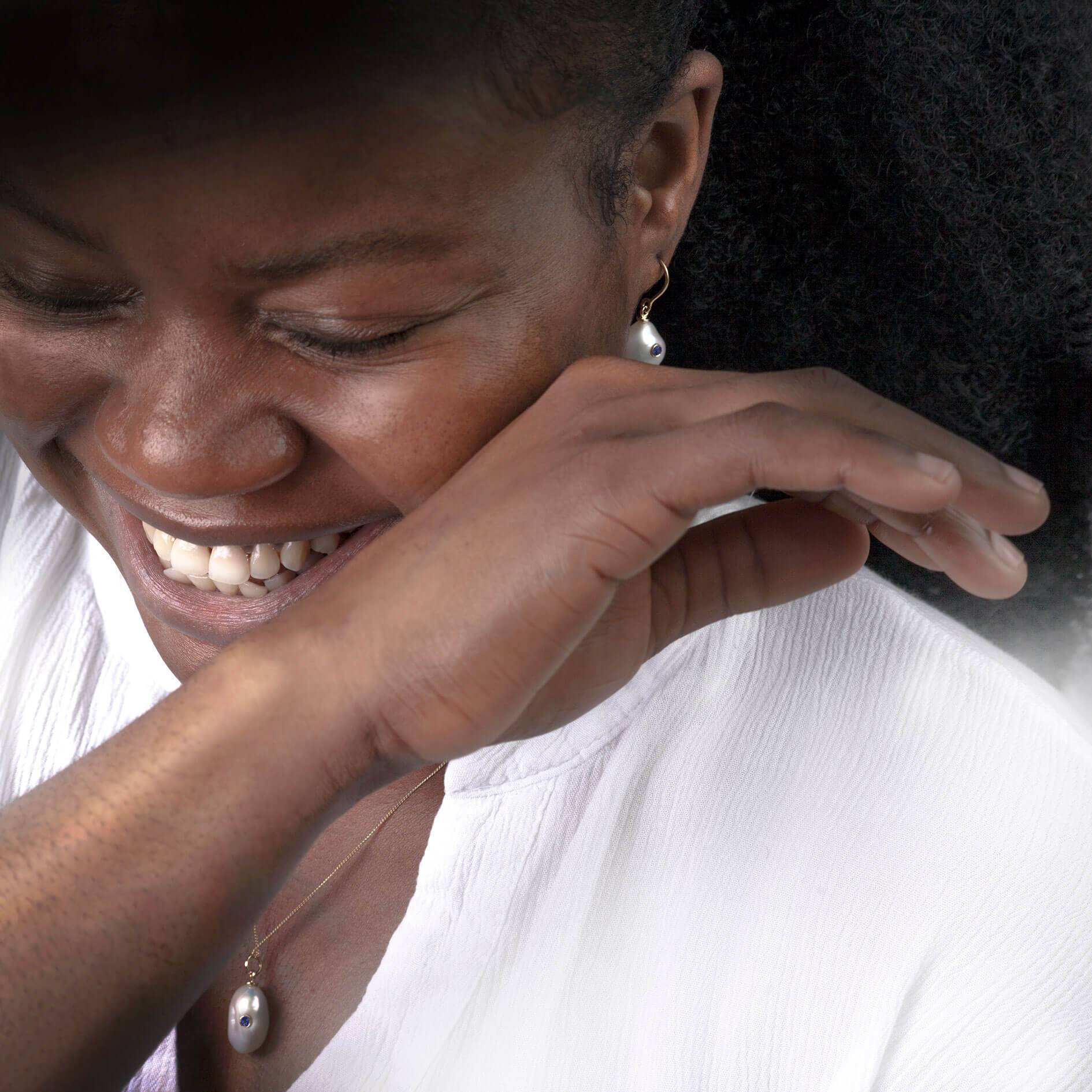 Keshi Pearl Necklace and Earrings with Blue Sapphire in Solid Gold