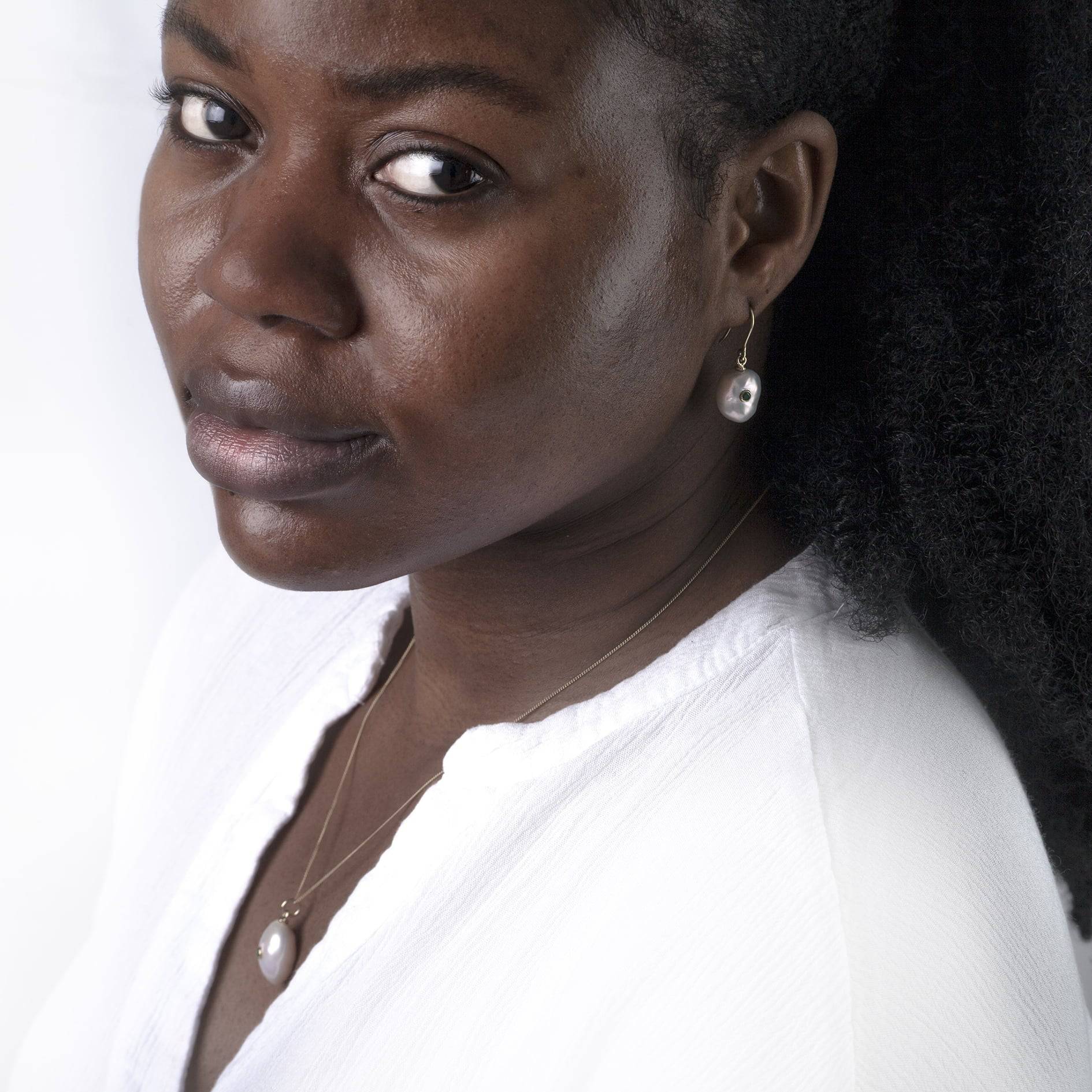 Keshi Pearl Earrings and Necklace with Blue Sapphire in Solid Gold