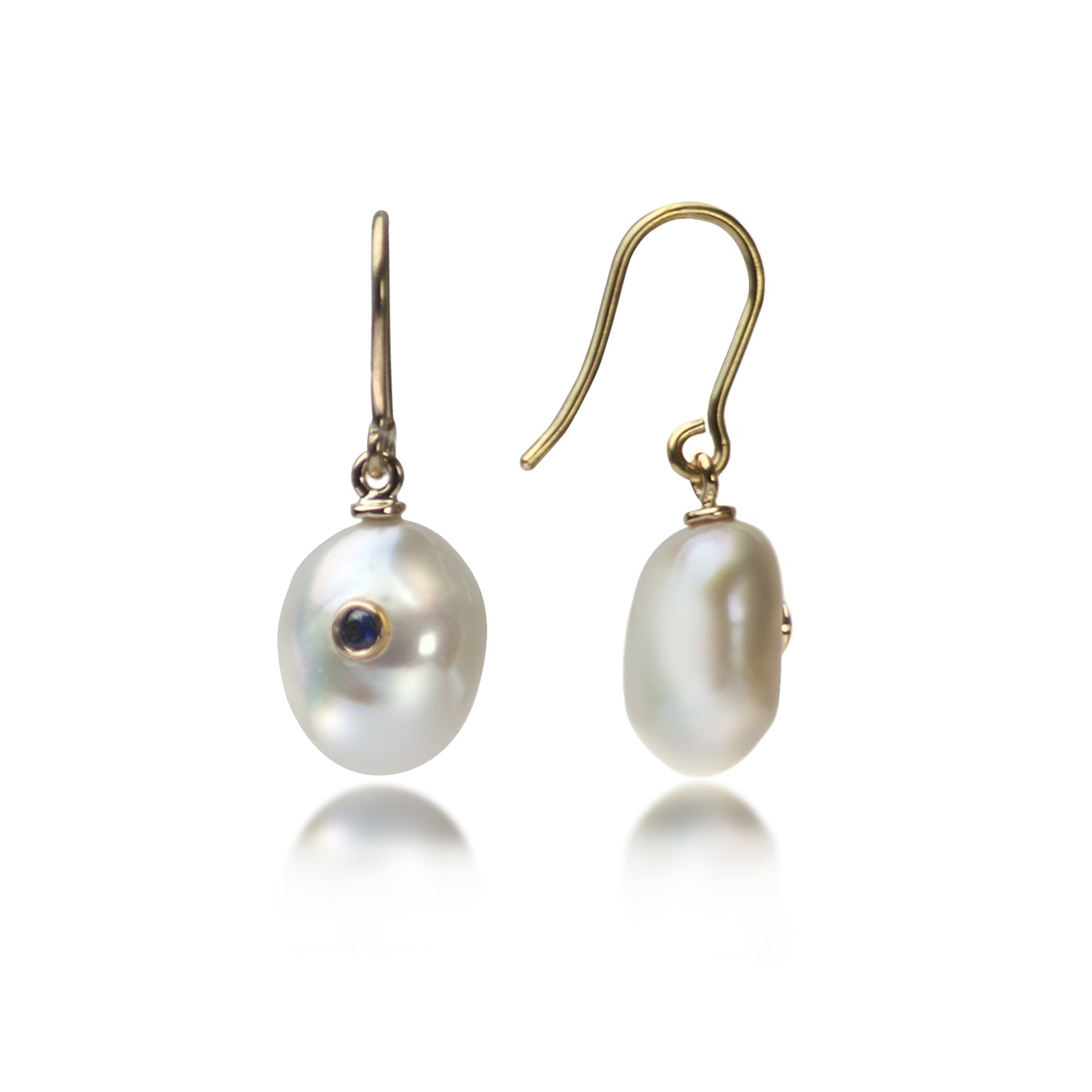 Keshi Pearl Earrings with Blue Sapphire in Solid Gold