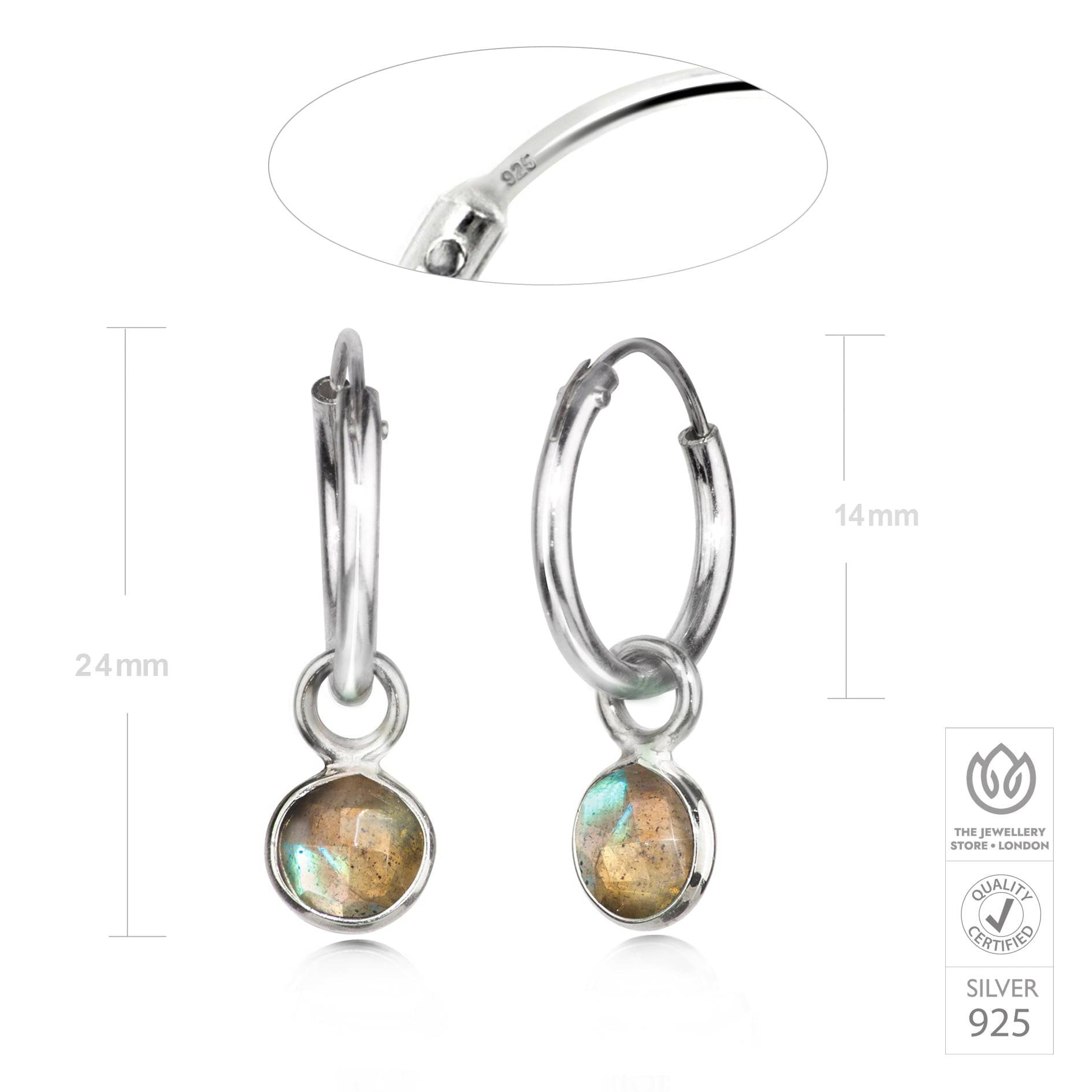 Hoop Earrings with Labradorite Charm in Sterling Silver