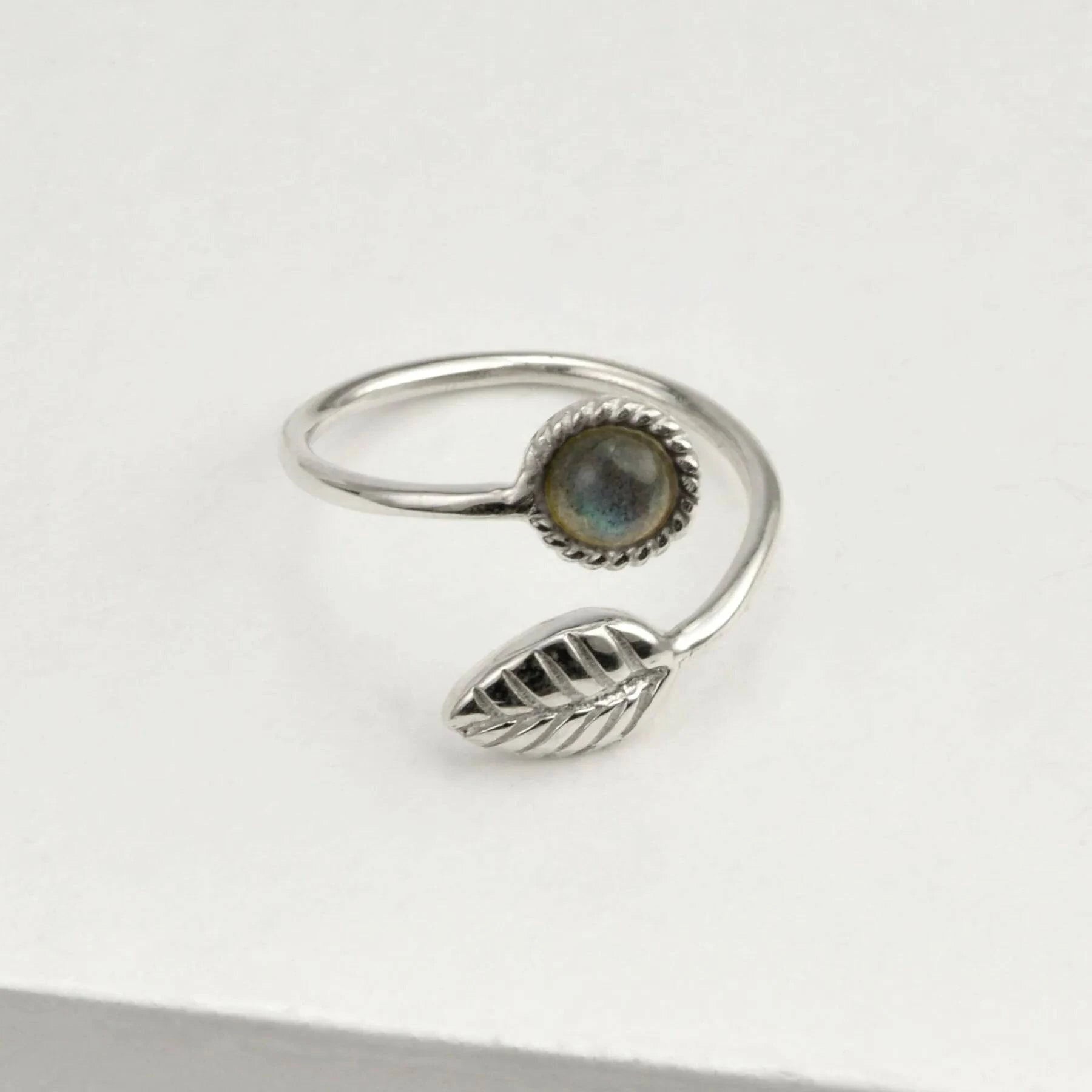Adjustable Labradorite and Tiny Leaf Ring in Sterling Silver