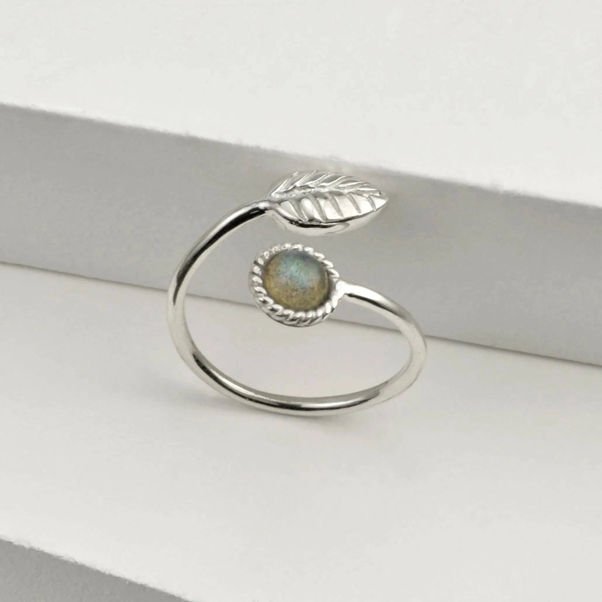 Adjustable Labradorite and Tiny Leaf Ring in Sterling Silver