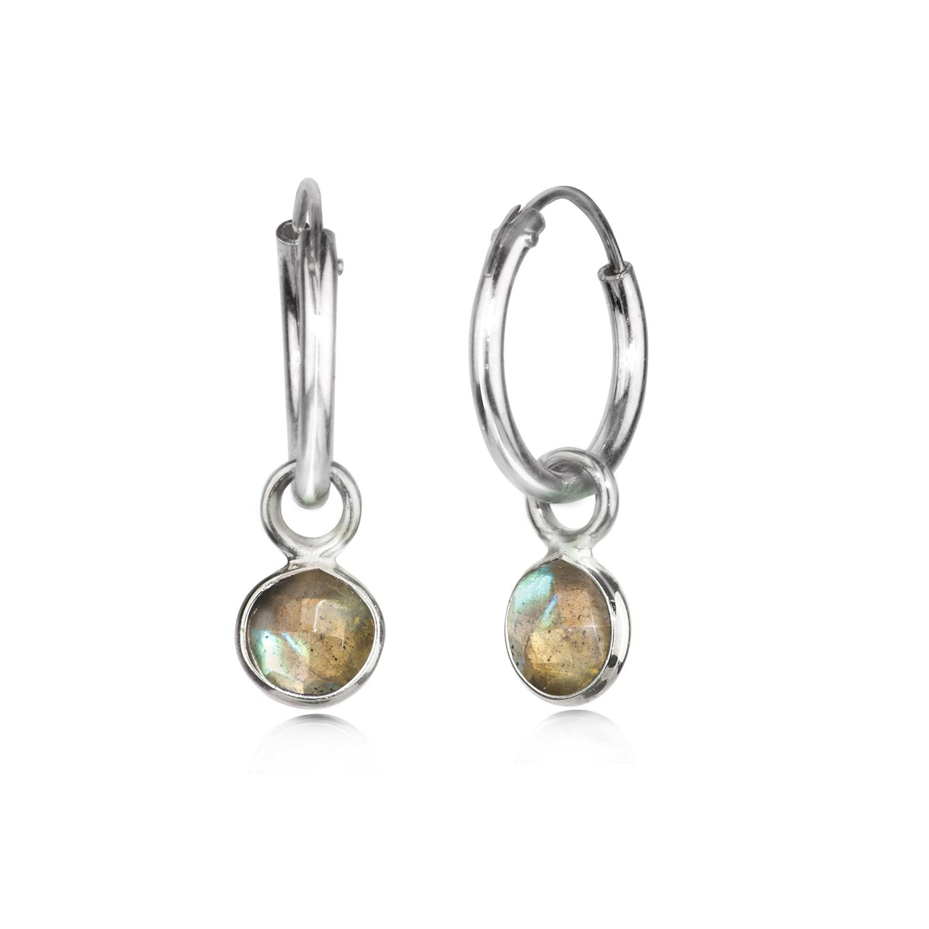 Hoop Earrings with Labradorite Charm in Sterling Silver