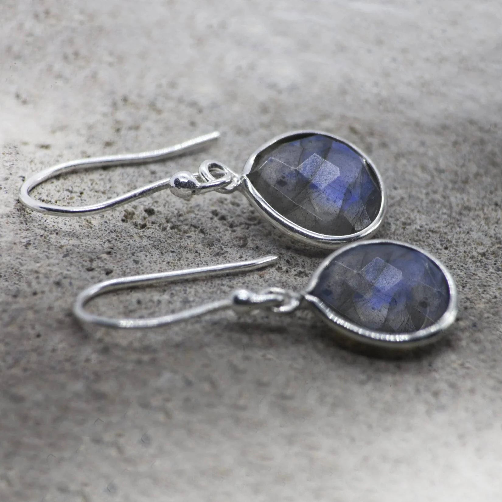 Teardrop Earrings with Genuine Labrodorite Gemstones in Sterling Silver