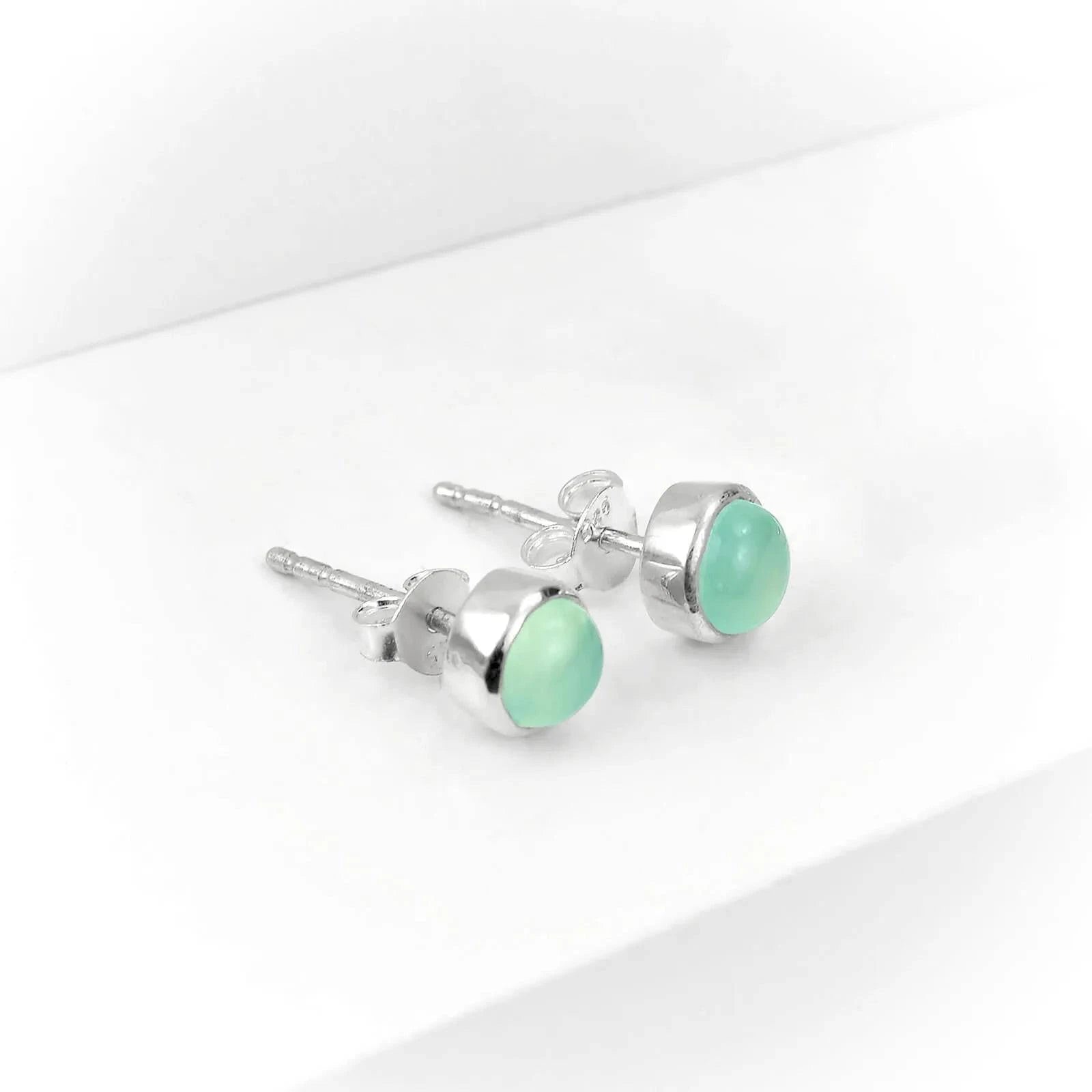 March Birthstone Earrings Studs - Aqua Chalcedony &amp; Sterling Silver
