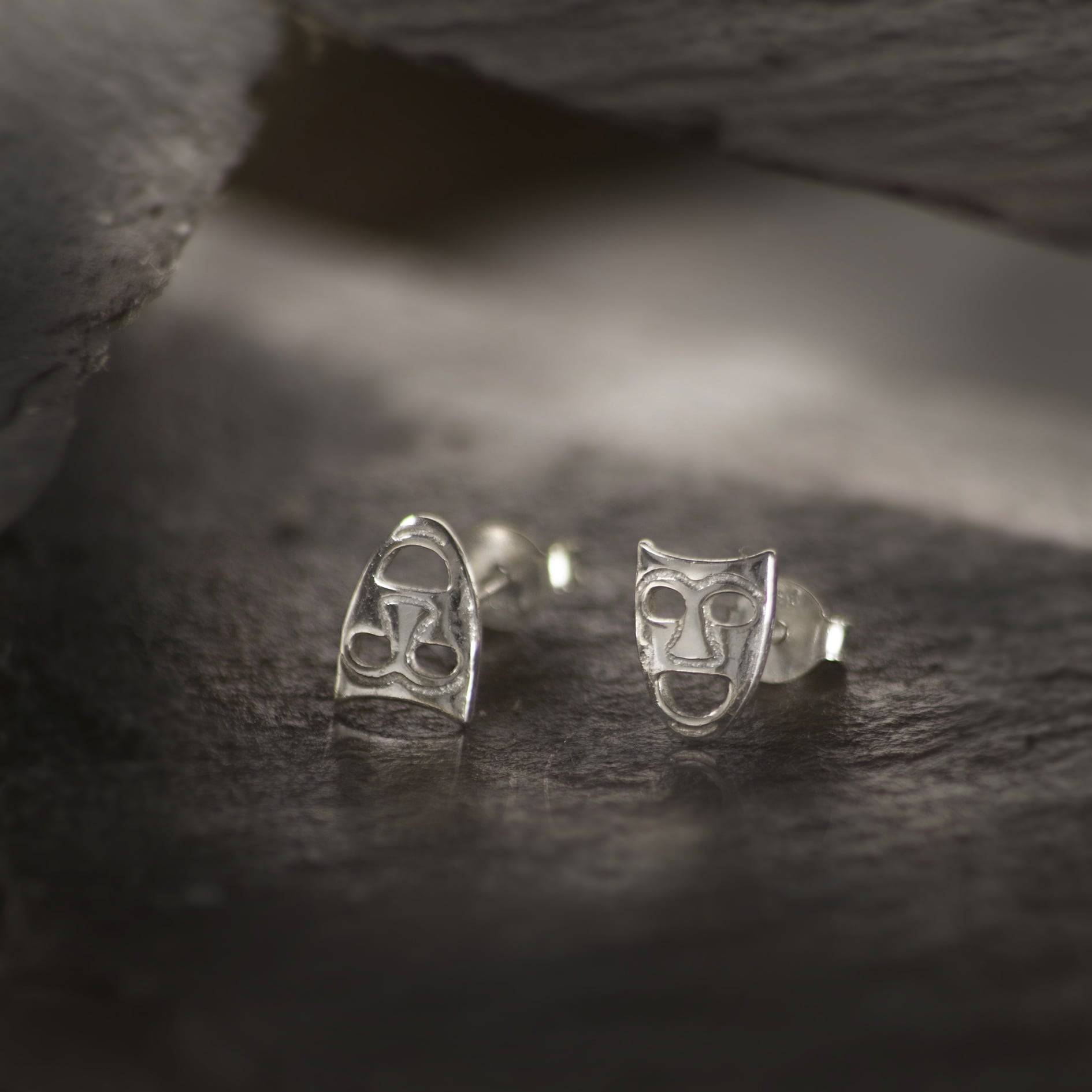 Theatre/Drama Mask Stud Earrings with Butterfly Fastening in Sterling Silver