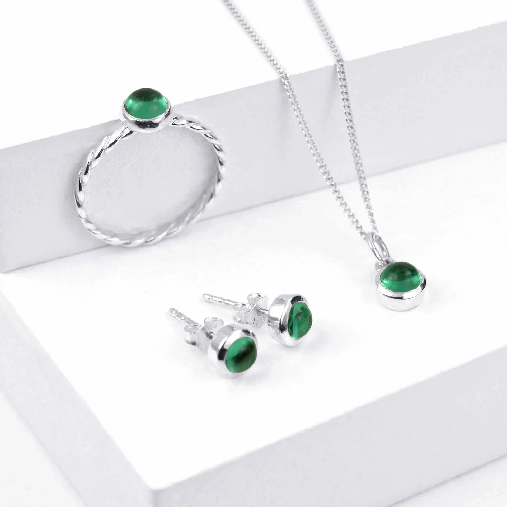 May Birthstone Earring Studs , Emerald Gemstone in Sterling Silver