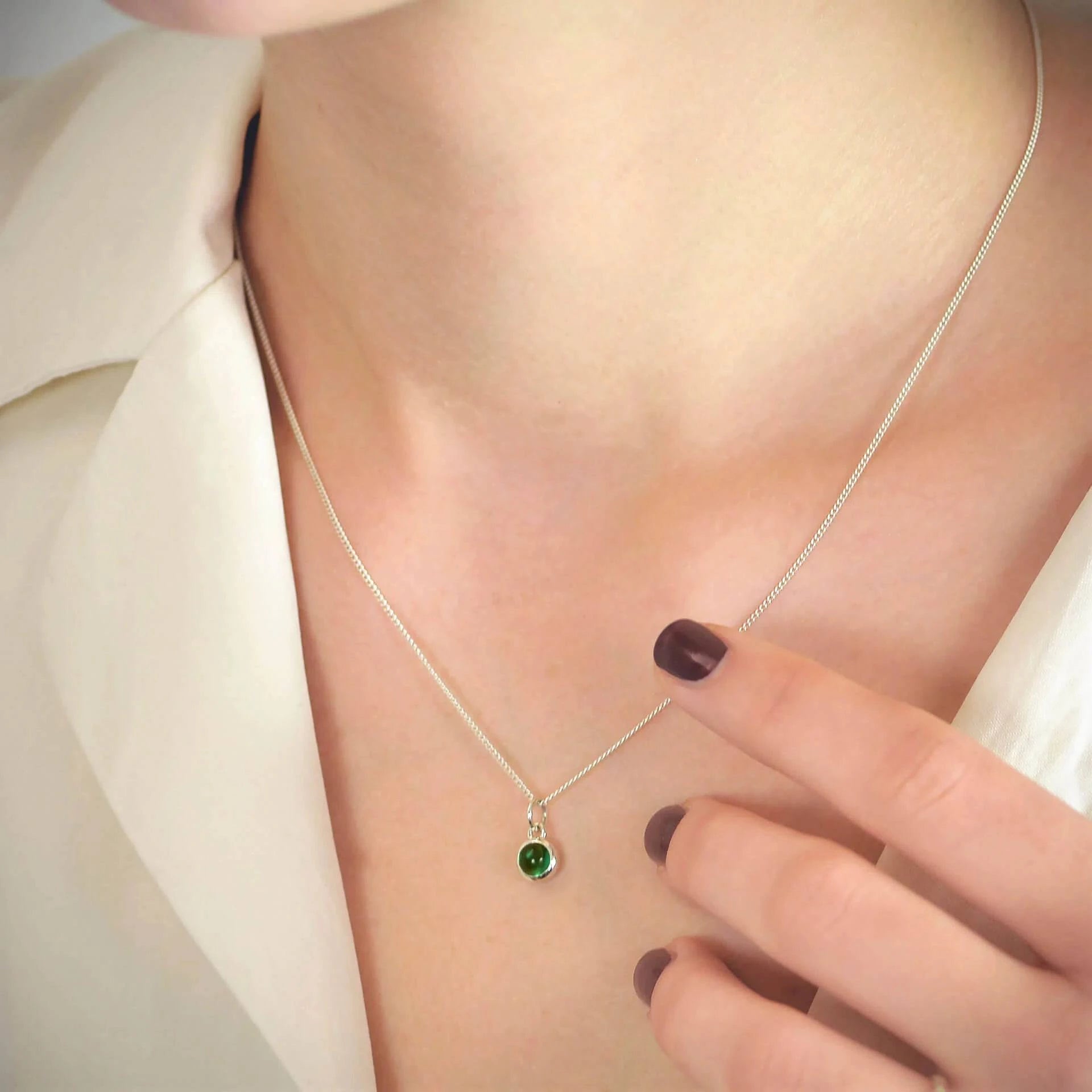 May Birthstone Necklace - Genuine Emerald Gemstone Charm in Sterling Silver