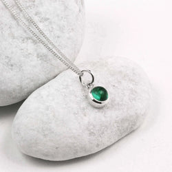 May Birthstone Necklace - Genuine Emerald Gemstone Charm in Sterling Silver