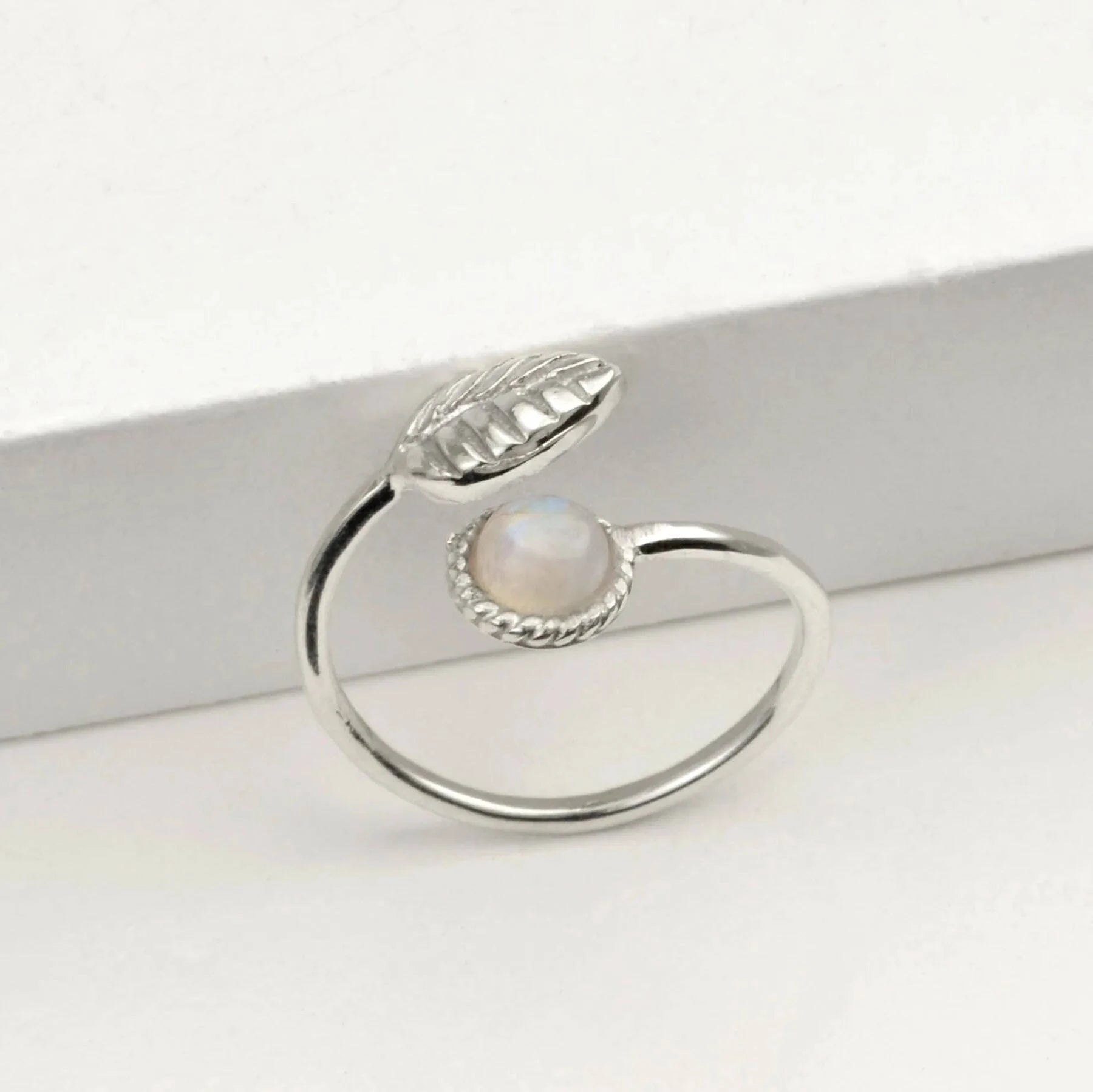 Adjustable Moonstone and Tiny Leaf Ring in Sterling Silver