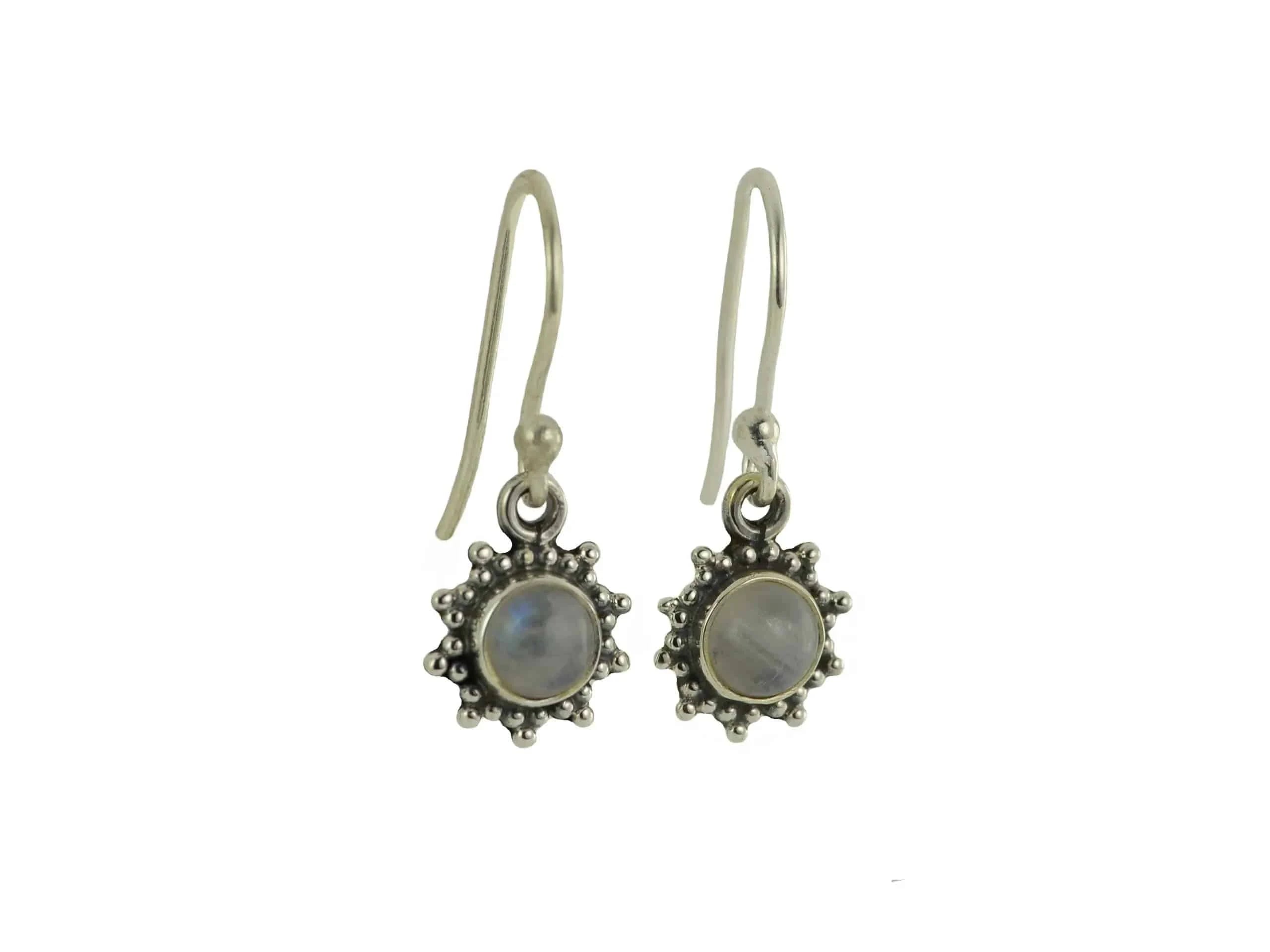 Star Motif Hook Dangle Earrings with Moonstone in Sterling Silver